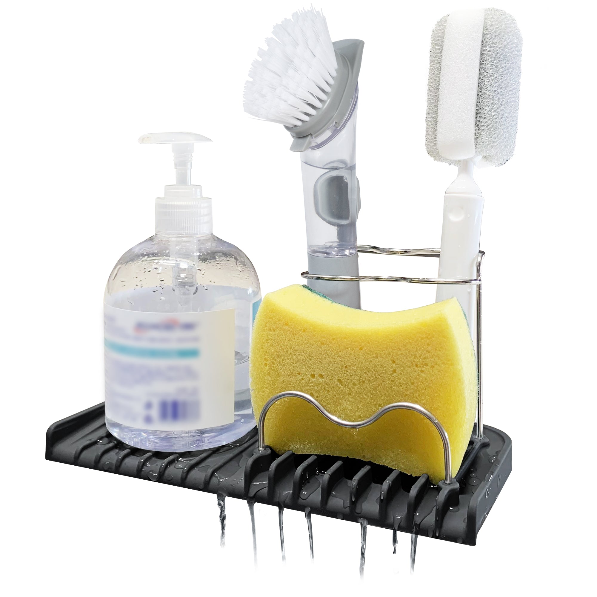 Silicone Sponge Holder Sink Caddy – Self-Draining Kitchen Sink Organizer for Sponges, Brushes, Soap & Dish Accessories, Durable Silicone & Stainless Steel Rack