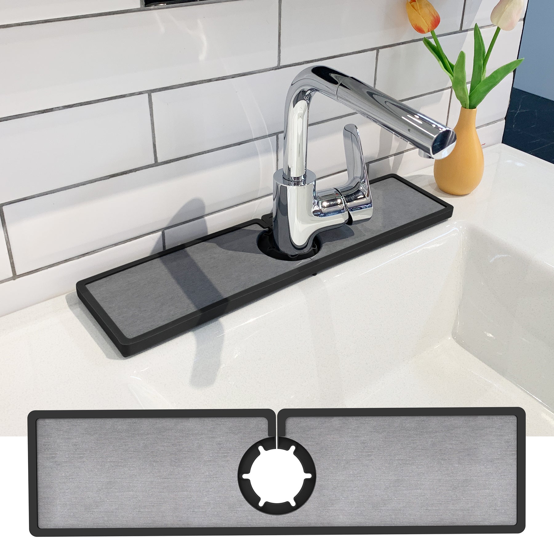 Faucet Mat – Silicone & Stone Absorbent Drying Mat, Water-Absorbing Sink Splash Guard Tray for Kitchen, Bathroom & Countertops