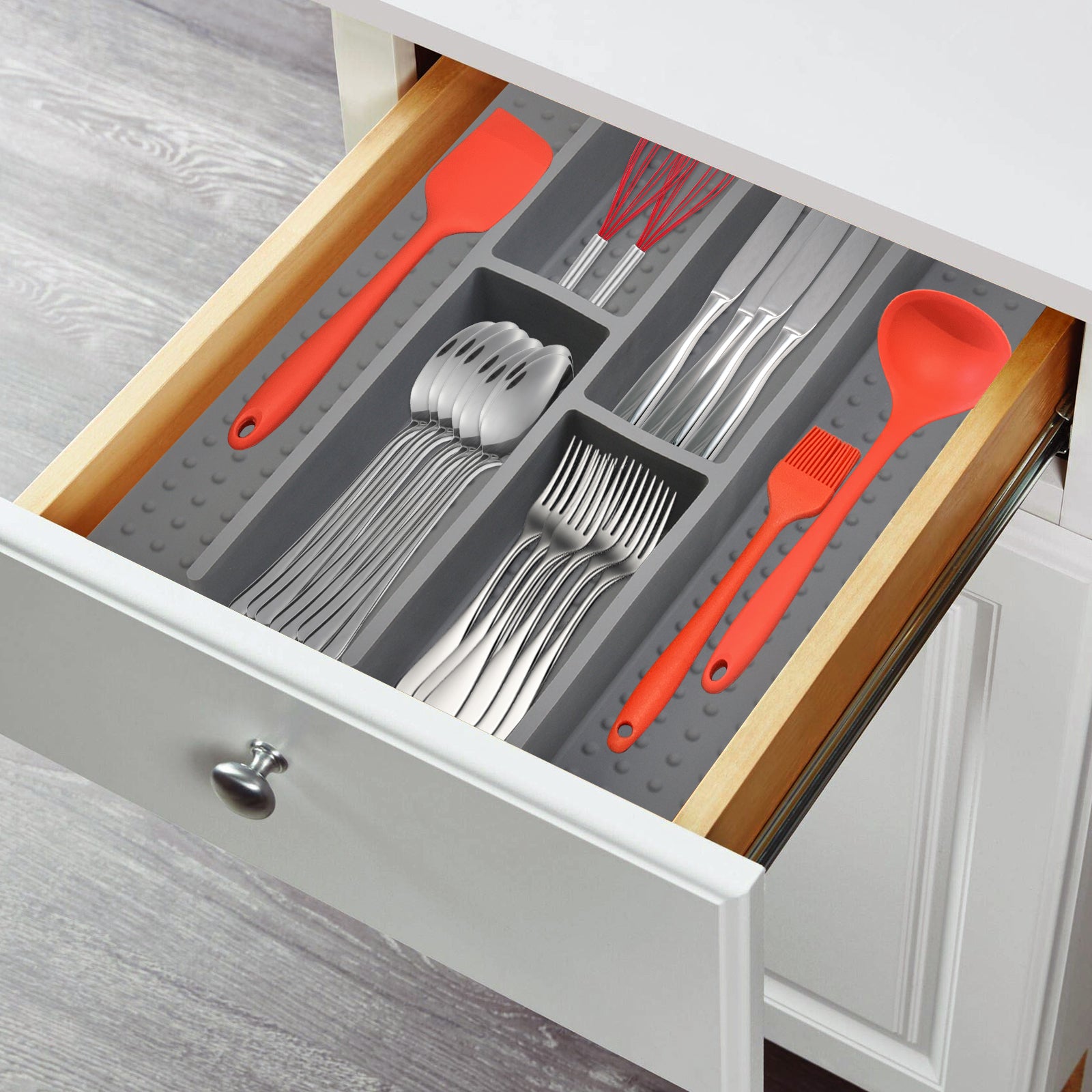 Premium Silicone Silverware Drawer Organizer – Non-Slip Utensil Holder & Adjustable Kitchen Drawer Divider, Deep Flatware Cutlery Tray for Spoons, Forks & Knives