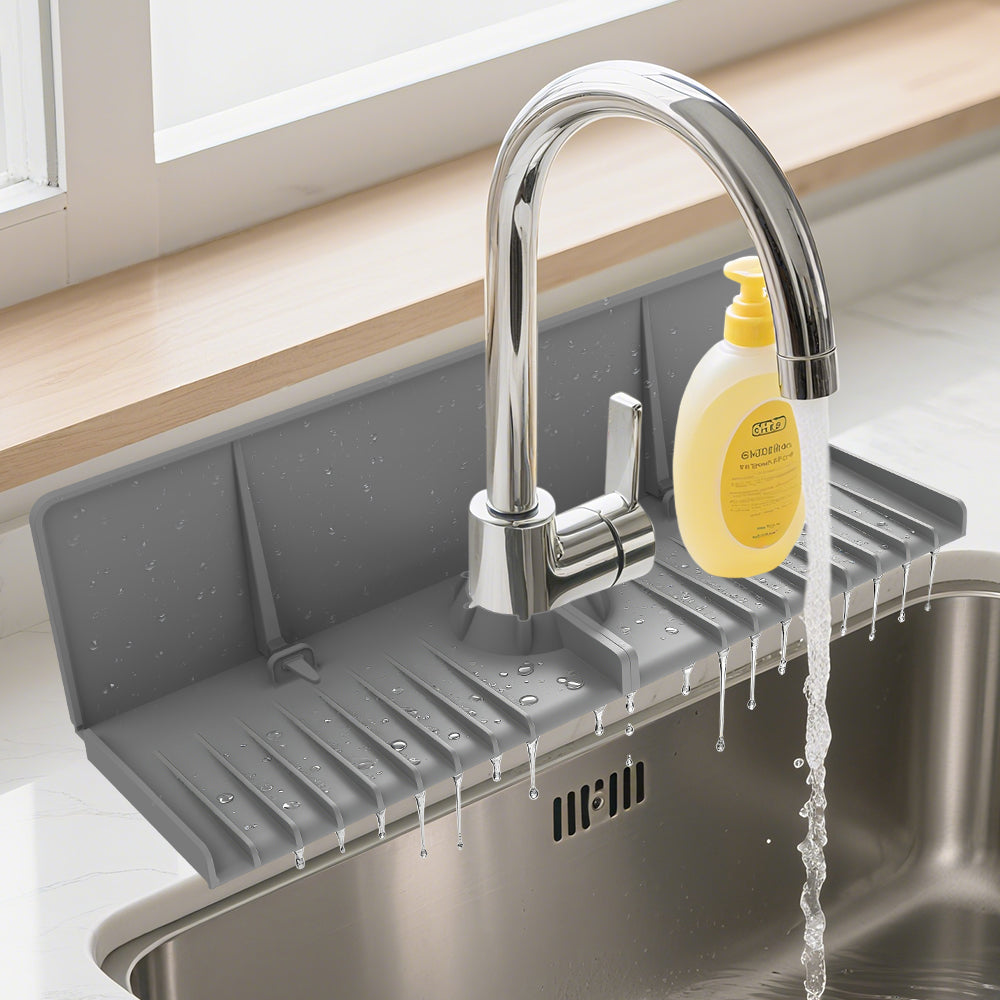 Upgraded Silicone Faucet Drip Catcher Tray – Sink Backsplash Guard Behind Faucet, 360° Wrap-Around Faucet Mat for Dish Soap, Sponge & Kitchen Counter Splash Protection