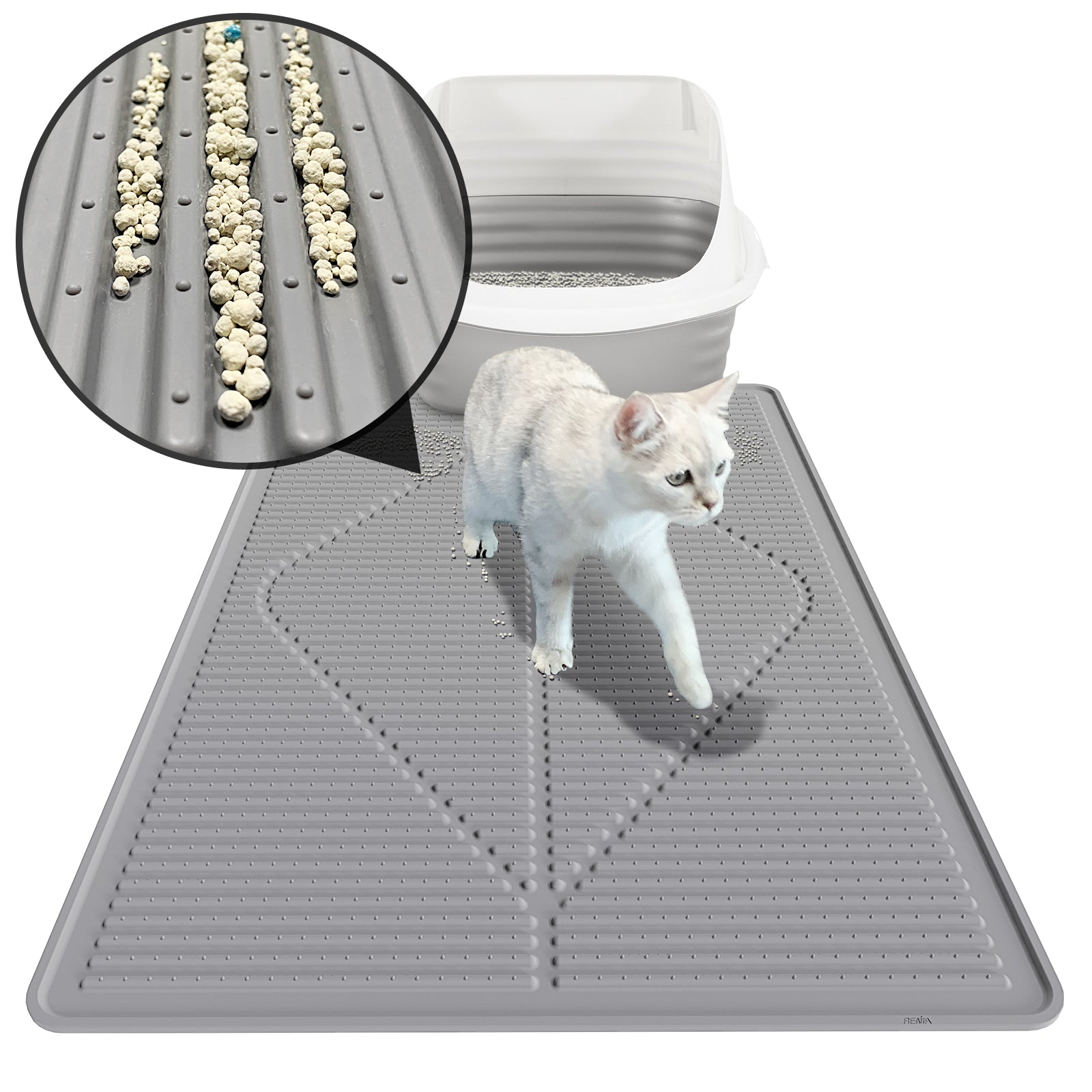 Cat Litter Mat XXL – Extra Large Waterproof Kitty Litter Box Mat (38"x25"), Non-Slip Silicone Trapping Litter Rug Pad for Indoor Cats & Multiple Boxes – Grey