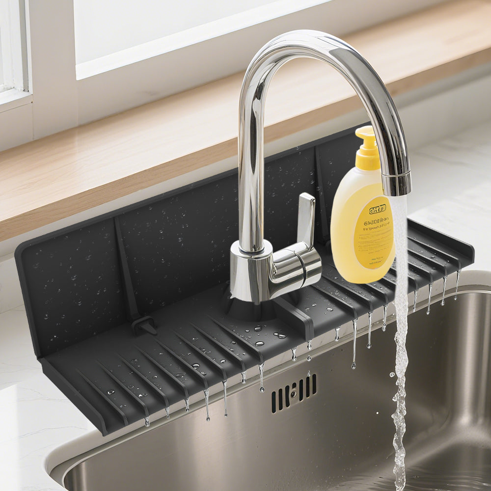 Upgraded Silicone Faucet Drip Catcher Tray – Sink Backsplash Guard Behind Faucet, 360° Wrap-Around Faucet Mat for Dish Soap, Sponge & Kitchen Counter Splash Protection