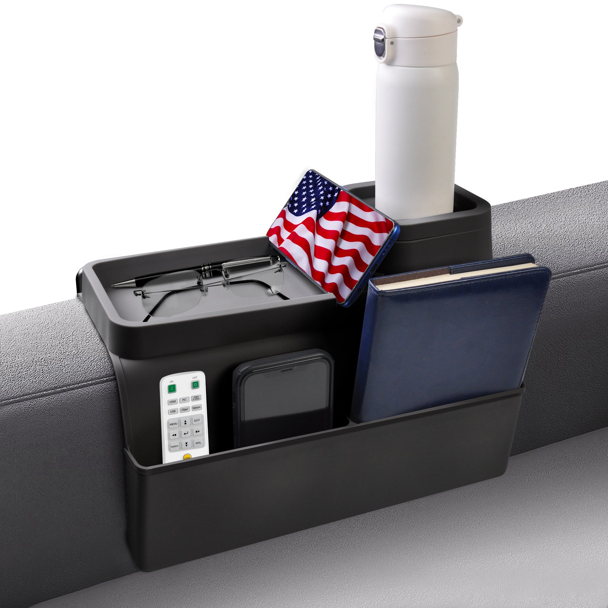 Couch Cup Holder Tray – Extra Large Silicone Sofa Armrest Organizer with Side Pockets, Anti-Slip Couch Caddy for Drinks, Phone, Remote & Snacks – Slate Gray, Dad Gifts