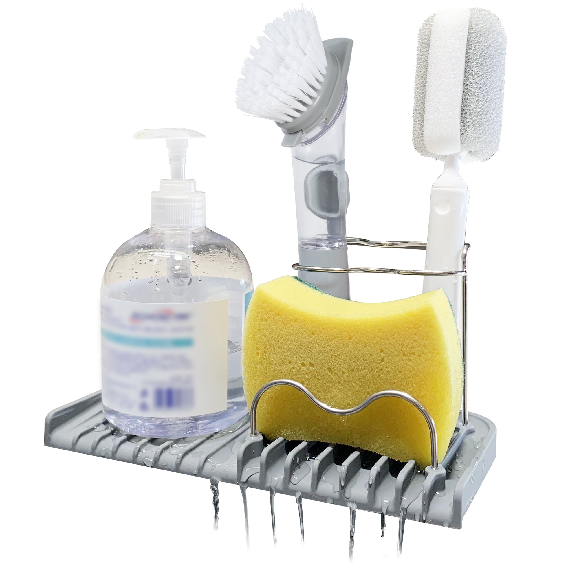 Silicone Sponge Holder Sink Caddy – Self-Draining Kitchen Sink Organizer for Sponges, Brushes, Soap & Dish Accessories, Durable Silicone & Stainless Steel Rack