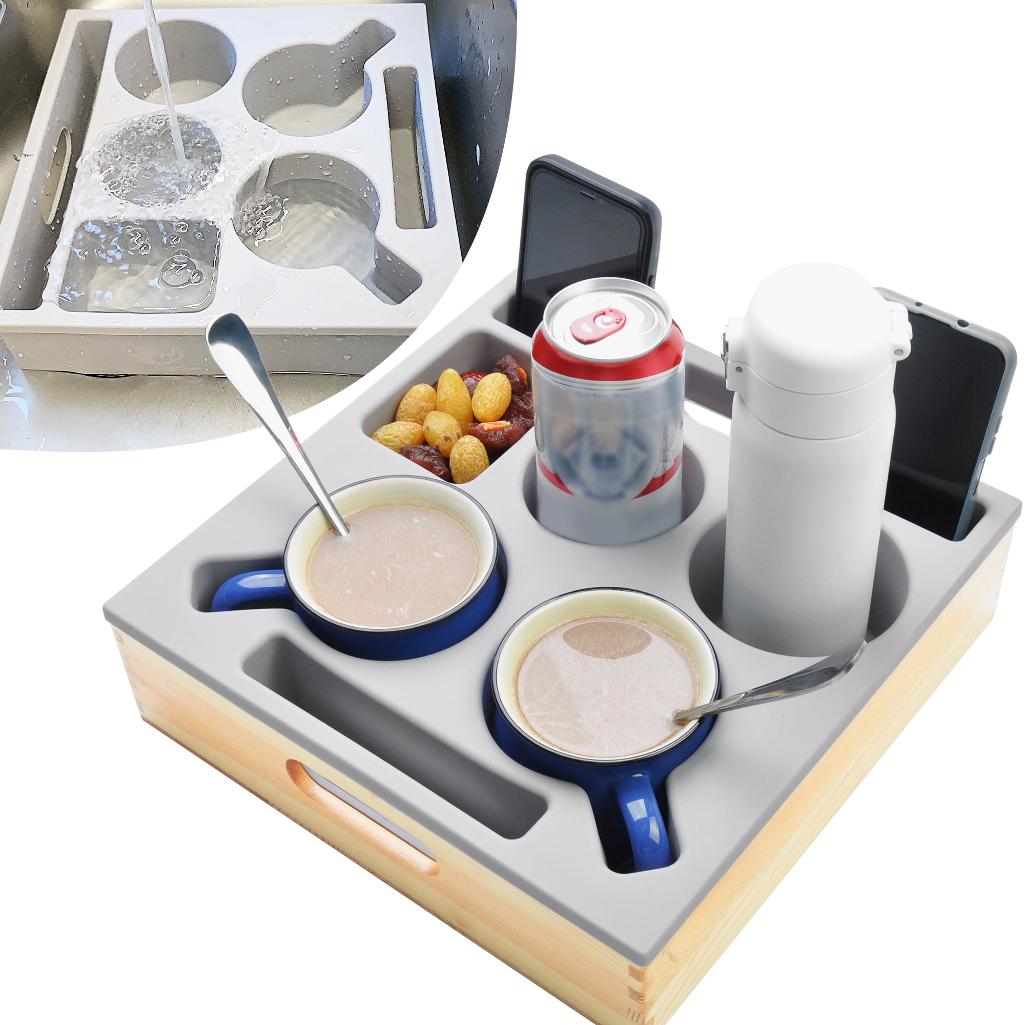 Couch Cup Holder Tray – Waterproof Anti-Spill Sofa Armrest Organizer, Food-Grade Silicone & Wooden Couch Caddy for Drinks, Snacks, Remote & Phone – Bed, Car, Beach, Camping Use