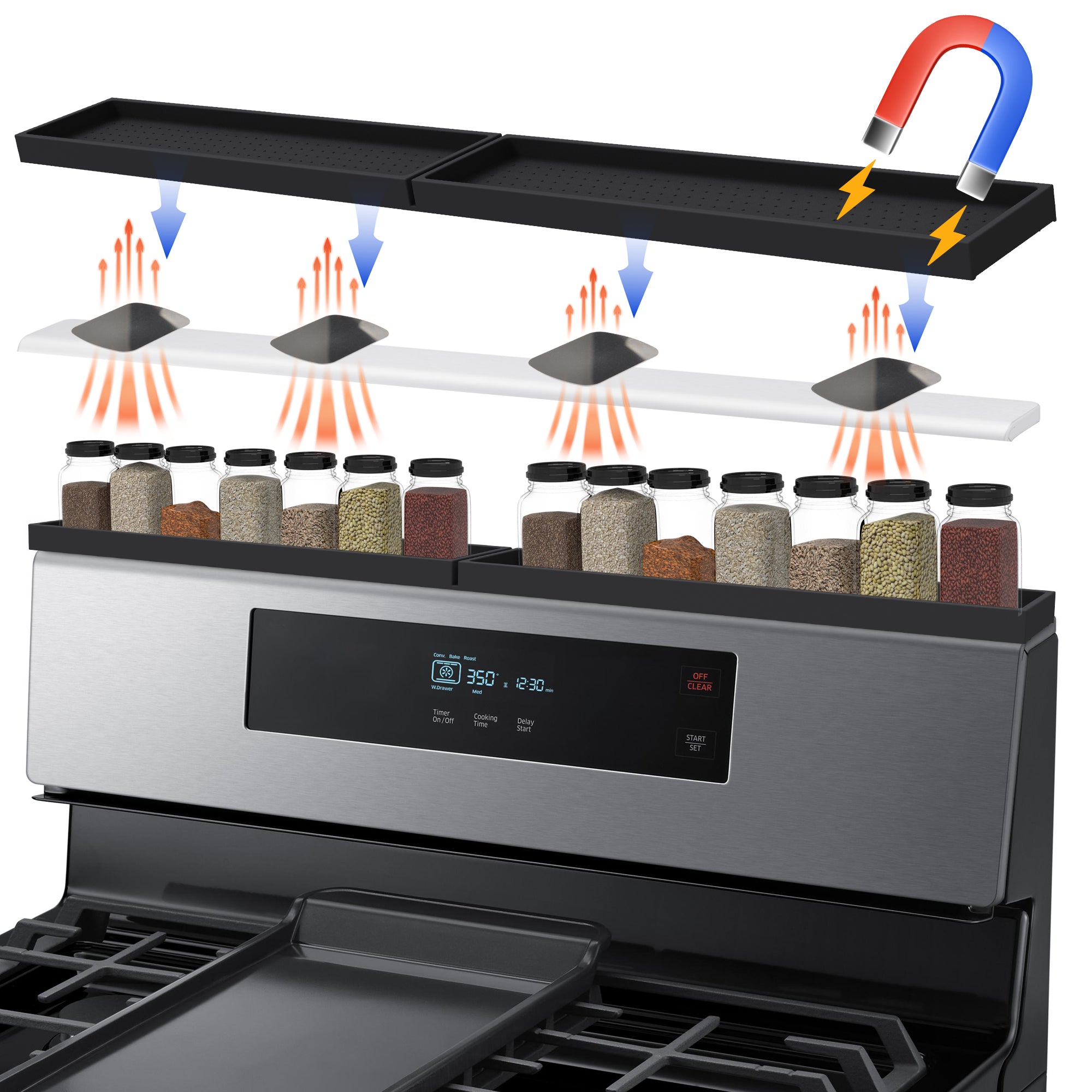 Silicone Magnetic Stove Top Shelf 30 Inch – Heat-Resistant Over Stove Spice Rack Organizer with Non-Slip Design, Four-Side Baffle Kitchen Shelf for Back of Stove