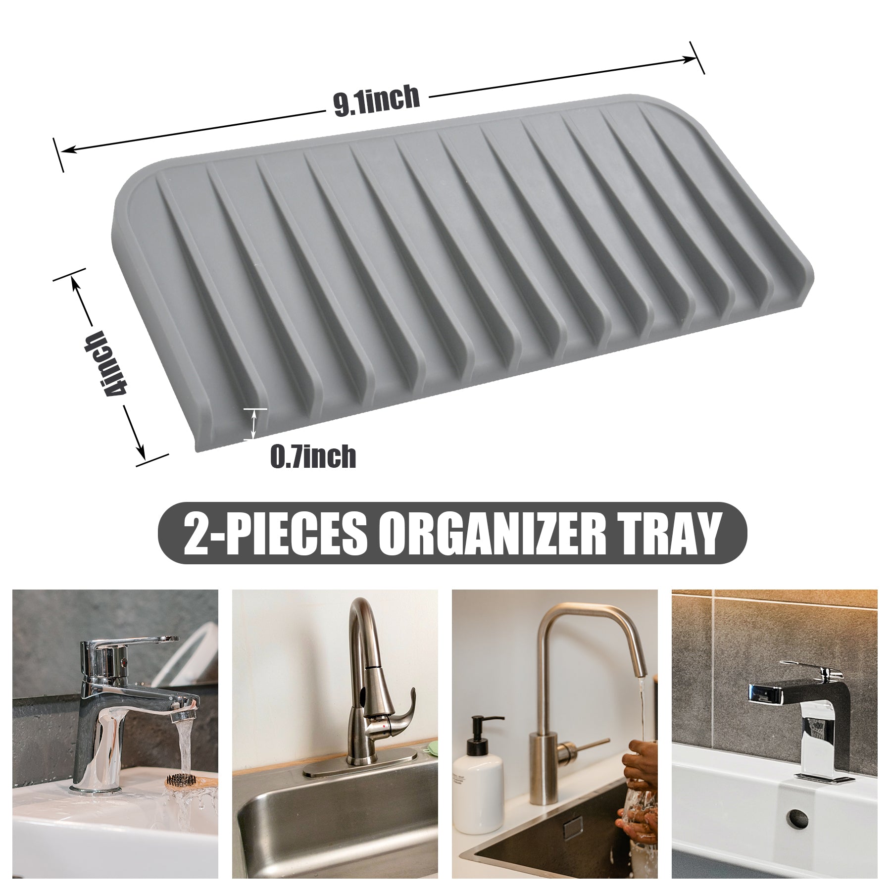 Silicone Sponge Holder Tray – 2 Pack Kitchen Sink Soap Dish & Counter Organizer, Waterproof Sink Caddy for Sponges, Brushes, Soap Dispenser & Bathroom Accessories (Gray)