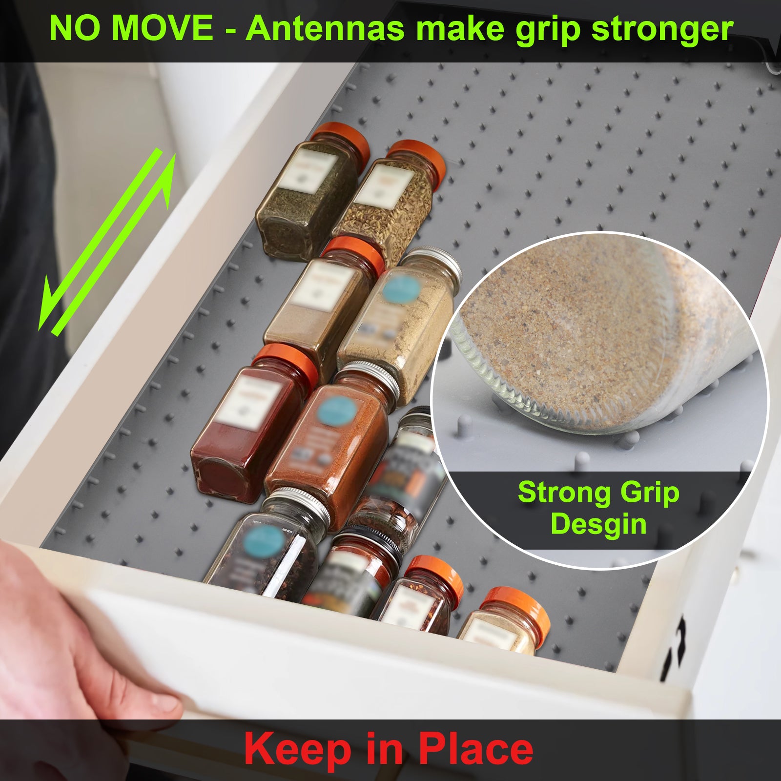 Adjustable Silicone Spice Drawer Organizer Liner – Non-Slip, Cut-to-Fit Spice Drawer Insert for Seasoning Jars & Bottles – Grey