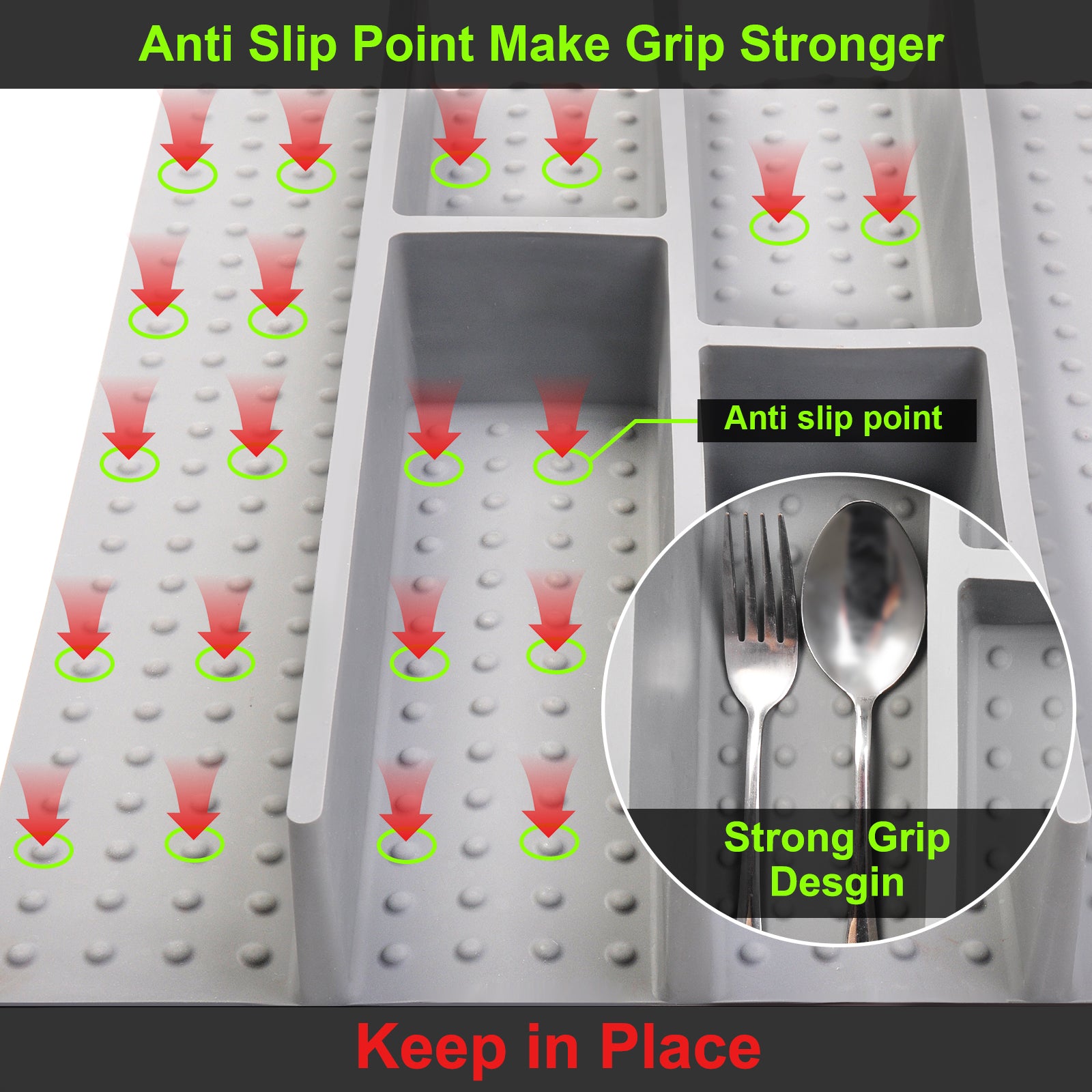 Premium Silicone Silverware Drawer Organizer – Non-Slip Utensil Holder & Adjustable Kitchen Drawer Divider, Deep Flatware Cutlery Tray for Spoons, Forks & Knives