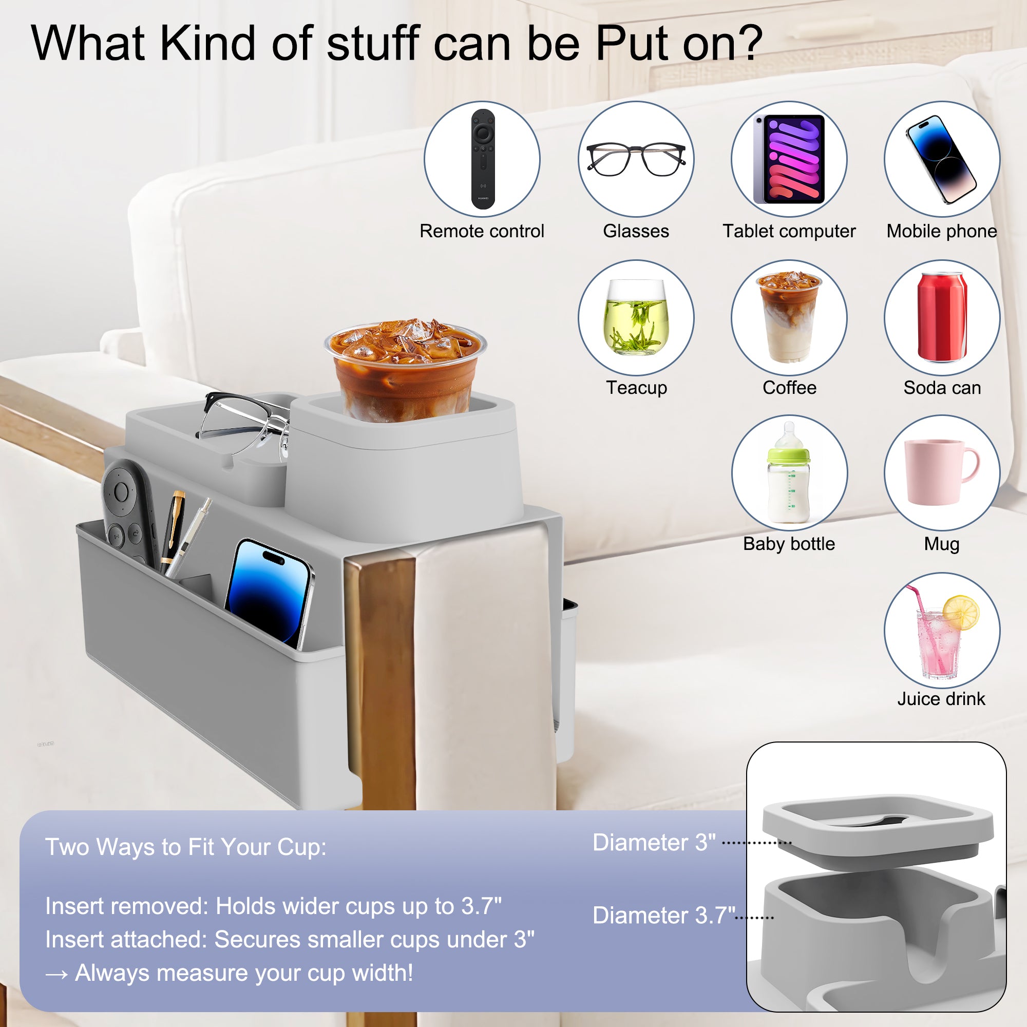 Couch Cup Holder Tray – Extra Large Silicone Sofa Armrest Organizer with Side Pockets, Anti-Slip Couch Caddy for Drinks, Phone, Remote & Snacks – Slate Gray, Dad Gifts