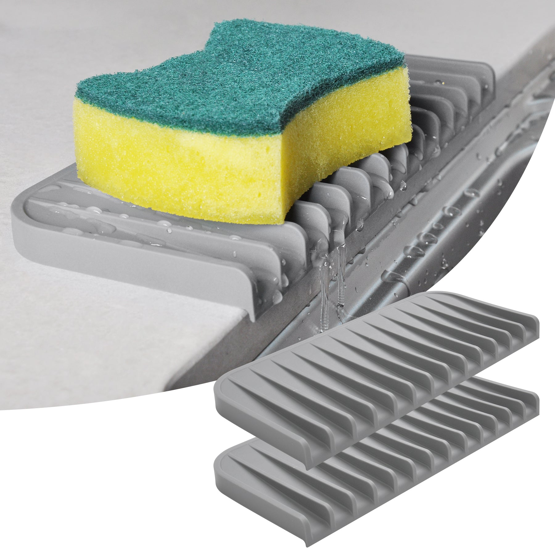 Silicone Sponge Holder Tray – 2 Pack Kitchen Sink Soap Dish & Counter Organizer, Waterproof Sink Caddy for Sponges, Brushes, Soap Dispenser & Bathroom Accessories (Gray)
