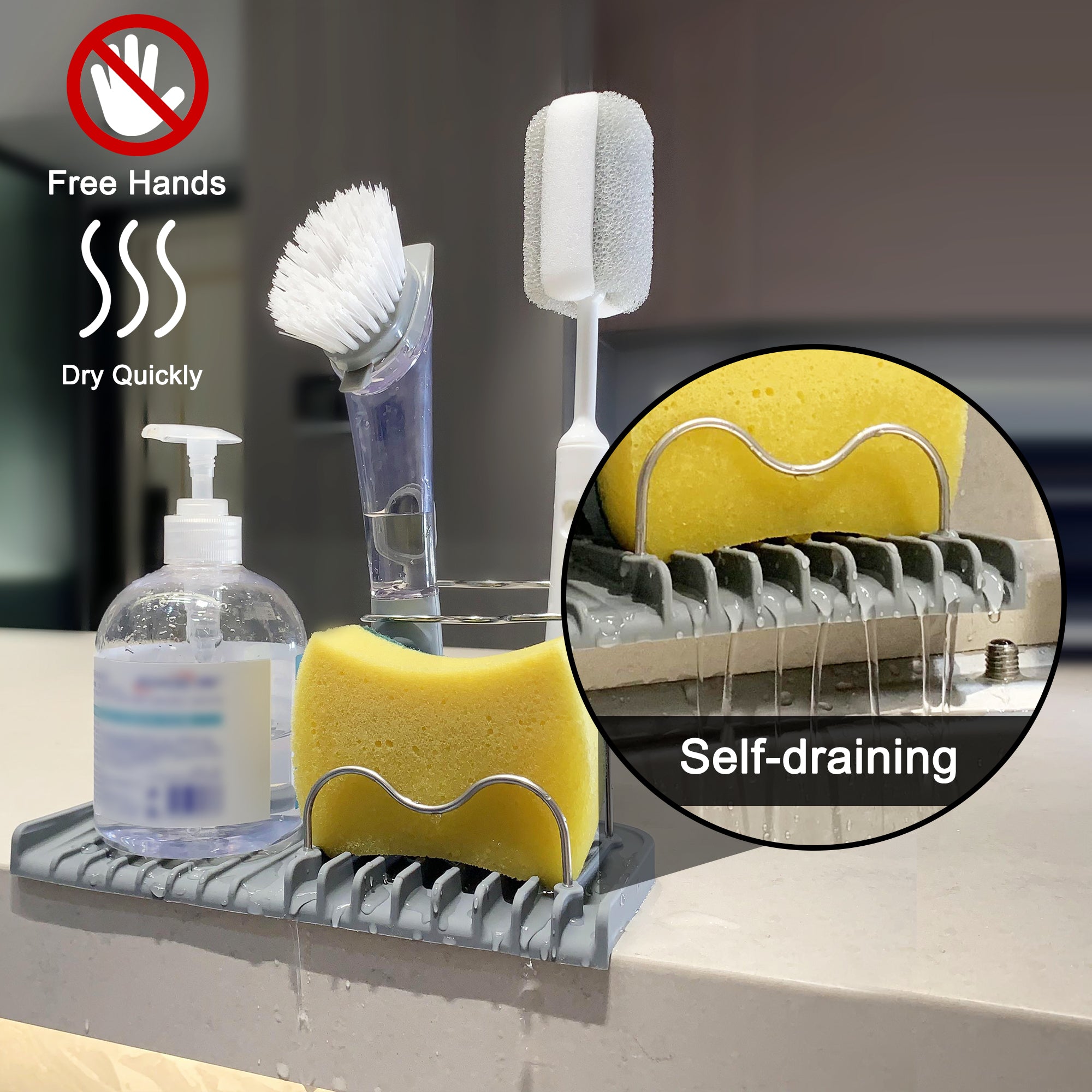 Silicone Sponge Holder Sink Caddy – Self-Draining Kitchen Sink Organizer for Sponges, Brushes, Soap & Dish Accessories, Durable Silicone & Stainless Steel Rack