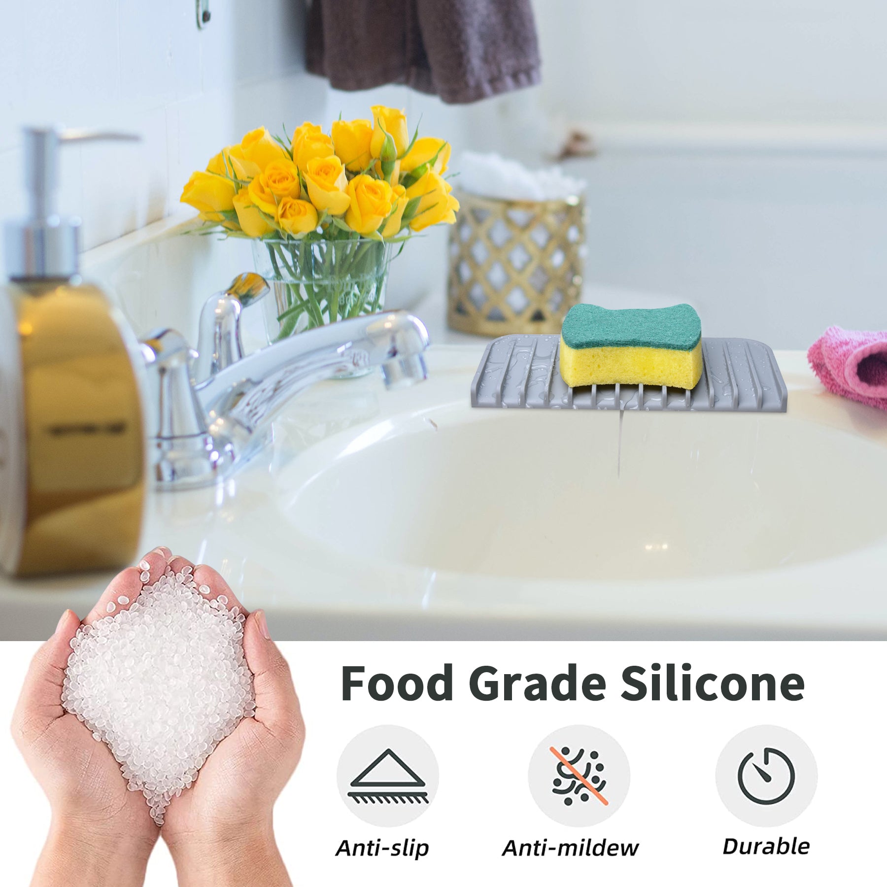 Silicone Sponge Holder Tray – 2 Pack Kitchen Sink Soap Dish & Counter Organizer, Waterproof Sink Caddy for Sponges, Brushes, Soap Dispenser & Bathroom Accessories (Gray)