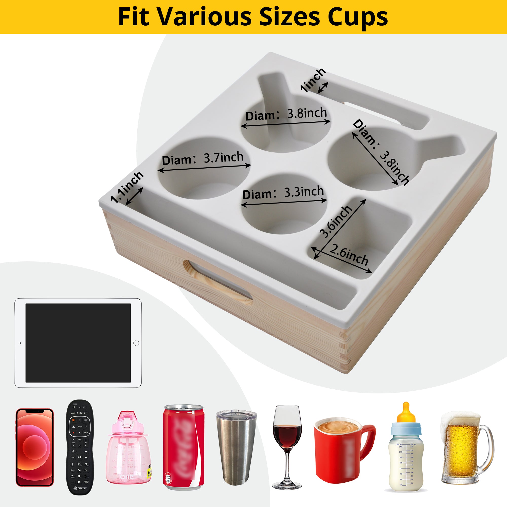 Couch Cup Holder Tray – Waterproof Anti-Spill Sofa Armrest Organizer, Food-Grade Silicone & Wooden Couch Caddy for Drinks, Snacks, Remote & Phone – Bed, Car, Beach, Camping Use