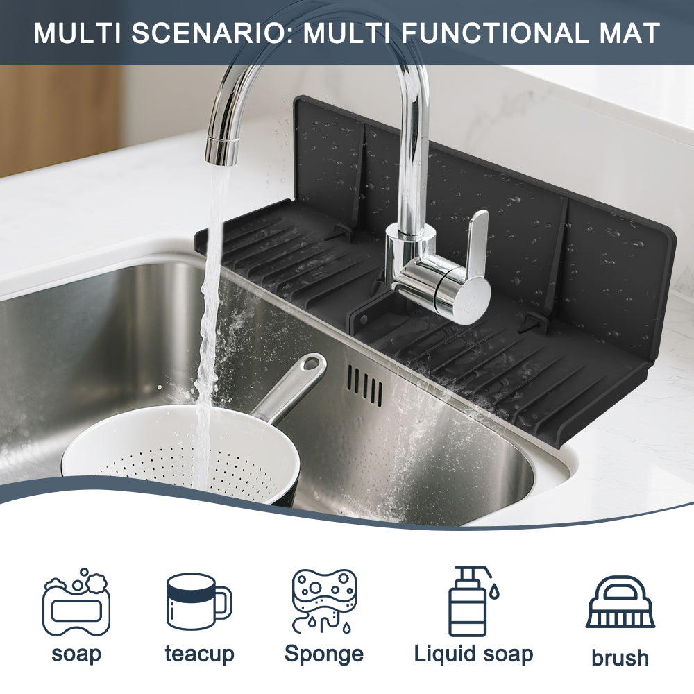 Upgraded Silicone Faucet Drip Catcher Tray – Sink Backsplash Guard Behind Faucet, 360° Wrap-Around Faucet Mat for Dish Soap, Sponge & Kitchen Counter Splash Protection