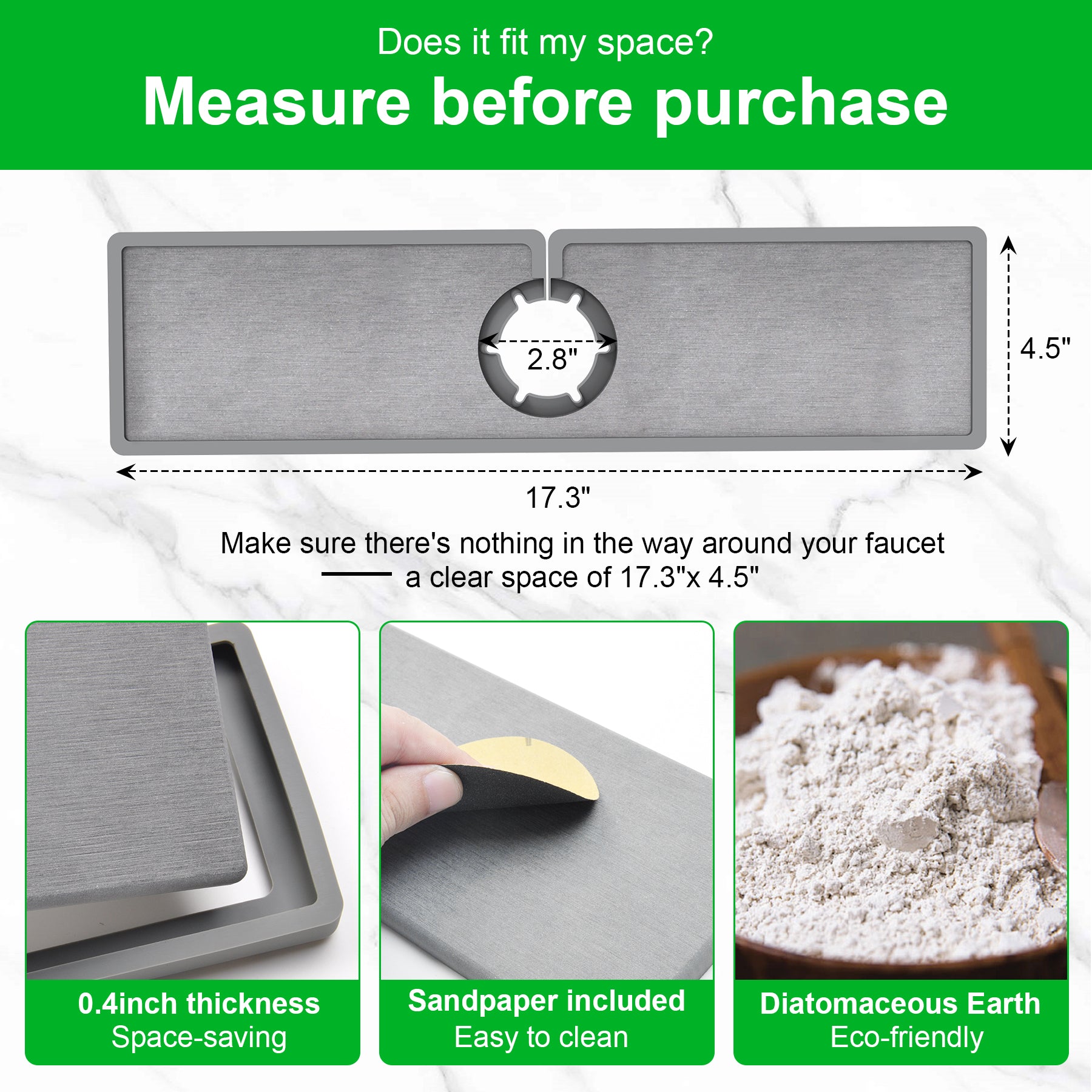 Faucet Mat – Silicone & Stone Absorbent Drying Mat, Water-Absorbing Sink Splash Guard Tray for Kitchen, Bathroom & Countertops