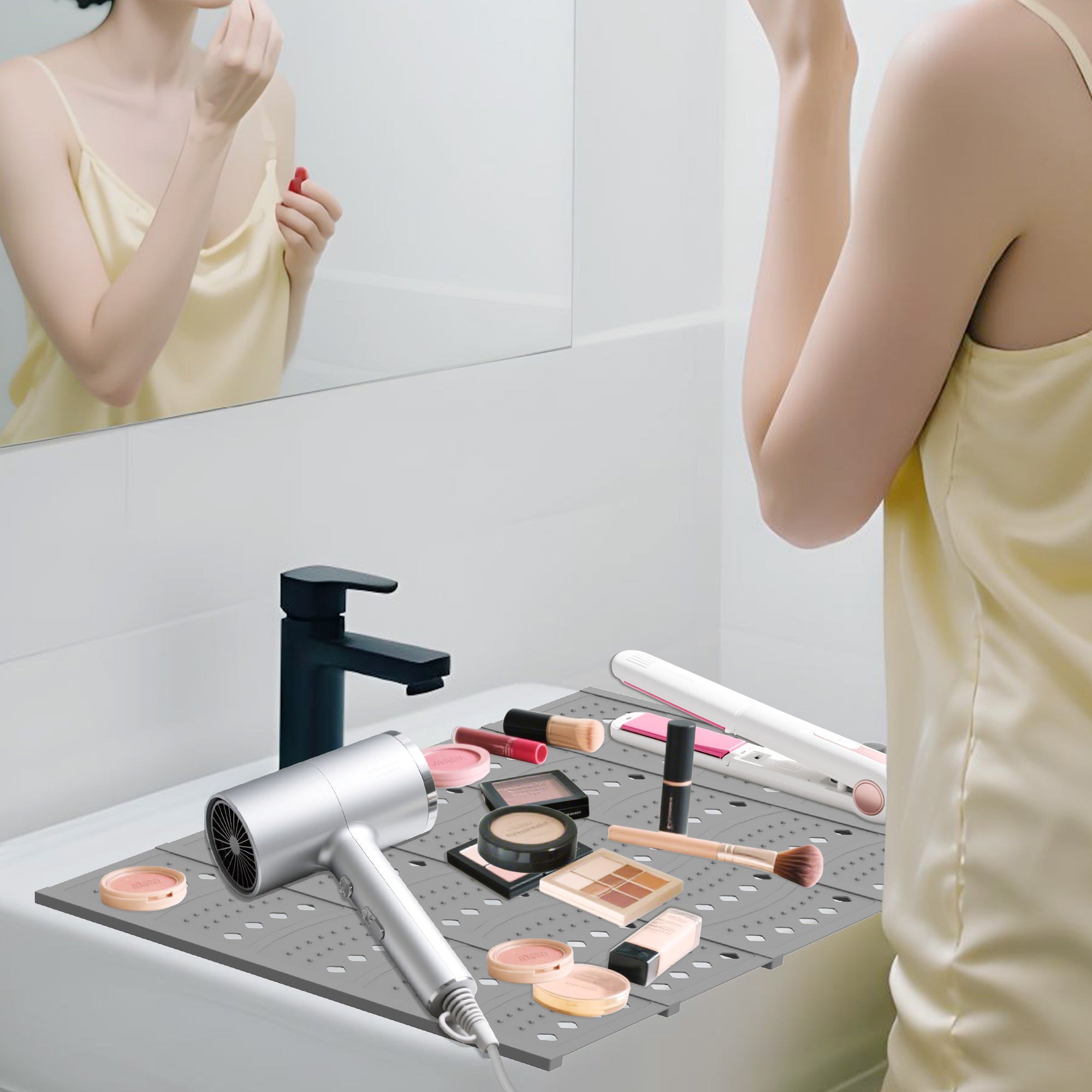 Bathroom Sink Cover Space Saver – Foldable Silicone Countertop Organizer Mat for Makeup & Small Bathroom Accessories, Heat-Resistant Over-Sink Tray for RV, Camper & Travel