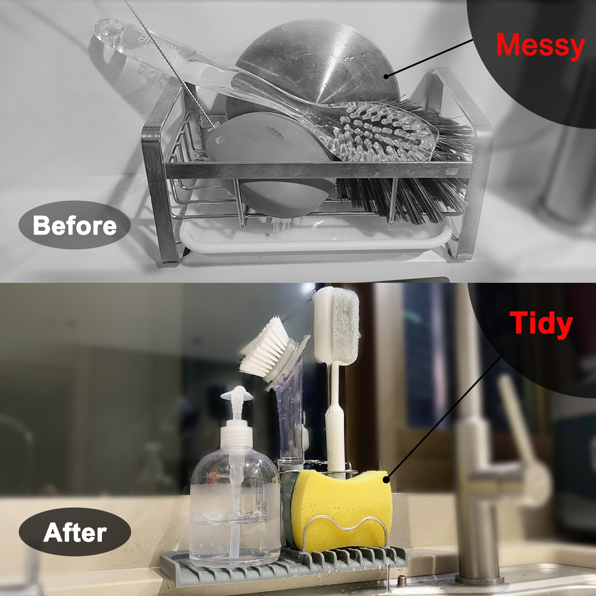 Silicone Sponge Holder Sink Caddy – Self-Draining Kitchen Sink Organizer for Sponges, Brushes, Soap & Dish Accessories, Durable Silicone & Stainless Steel Rack