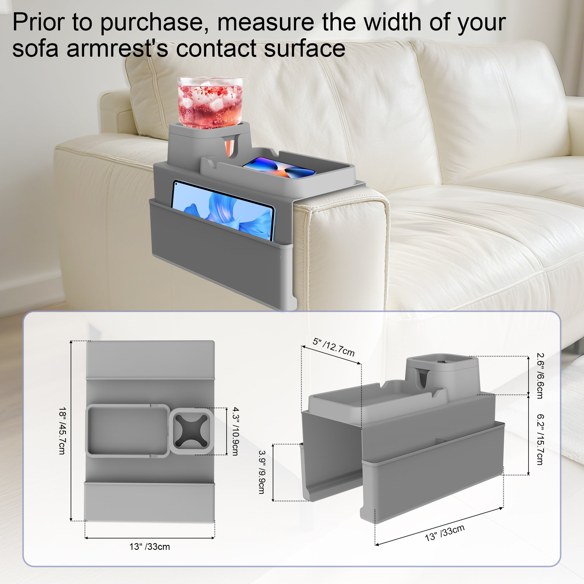 Couch Cup Holder Tray – Extra Large Silicone Sofa Armrest Organizer with Side Pockets, Anti-Slip Couch Caddy for Drinks, Phone, Remote & Snacks – Slate Gray, Dad Gifts