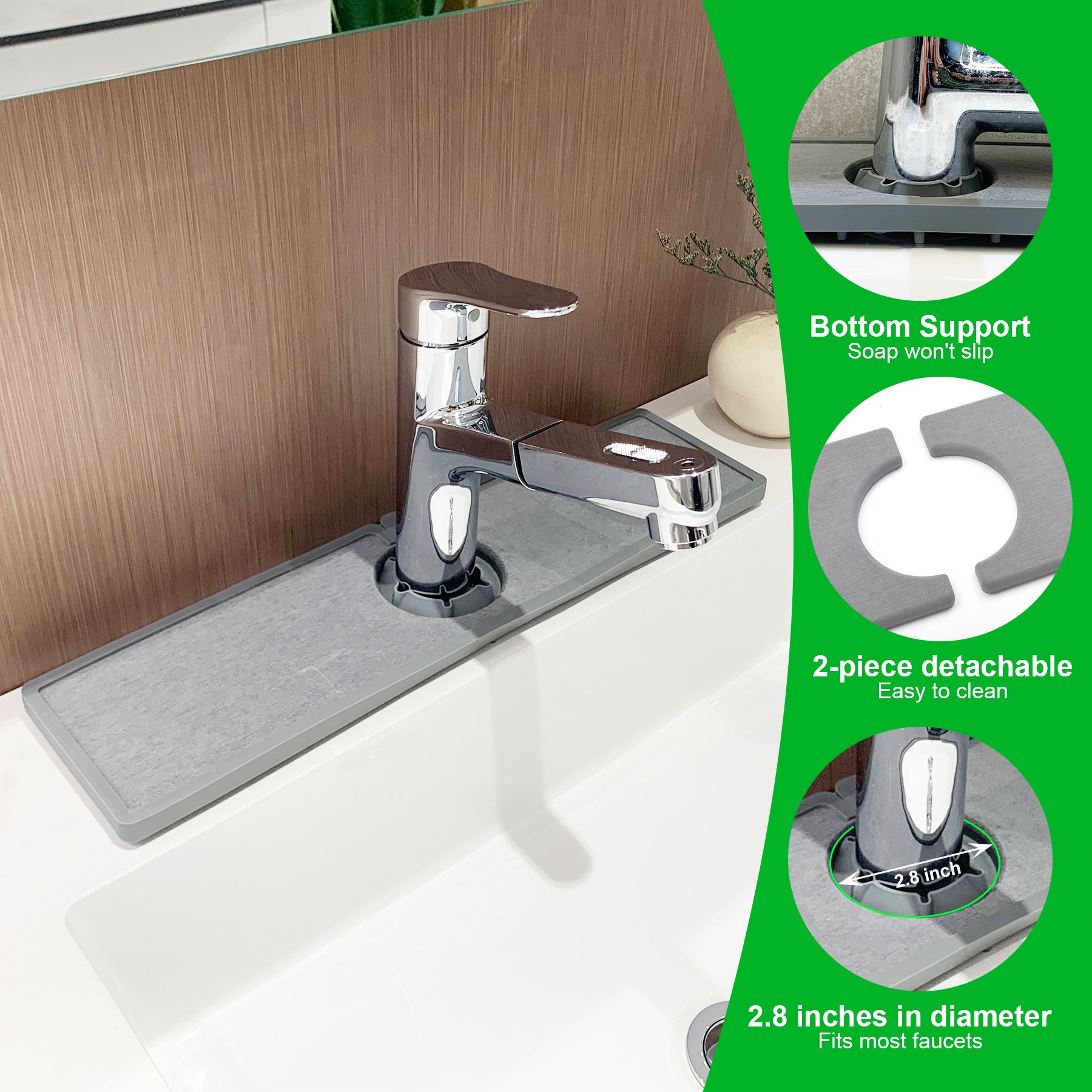 Faucet Mat – Silicone & Stone Absorbent Drying Mat, Water-Absorbing Sink Splash Guard Tray for Kitchen, Bathroom & Countertops