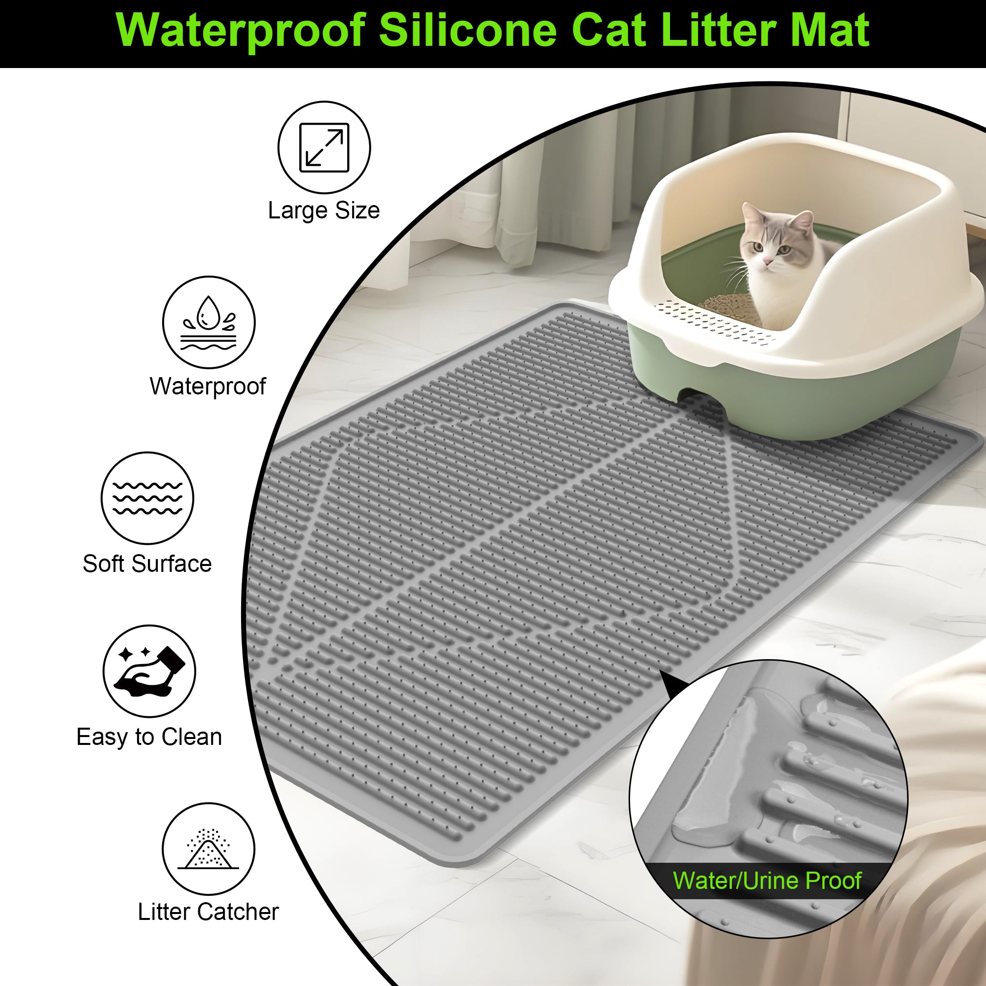 Cat Litter Mat XXL – Extra Large Waterproof Kitty Litter Box Mat (38"x25"), Non-Slip Silicone Trapping Litter Rug Pad for Indoor Cats & Multiple Boxes – Grey
