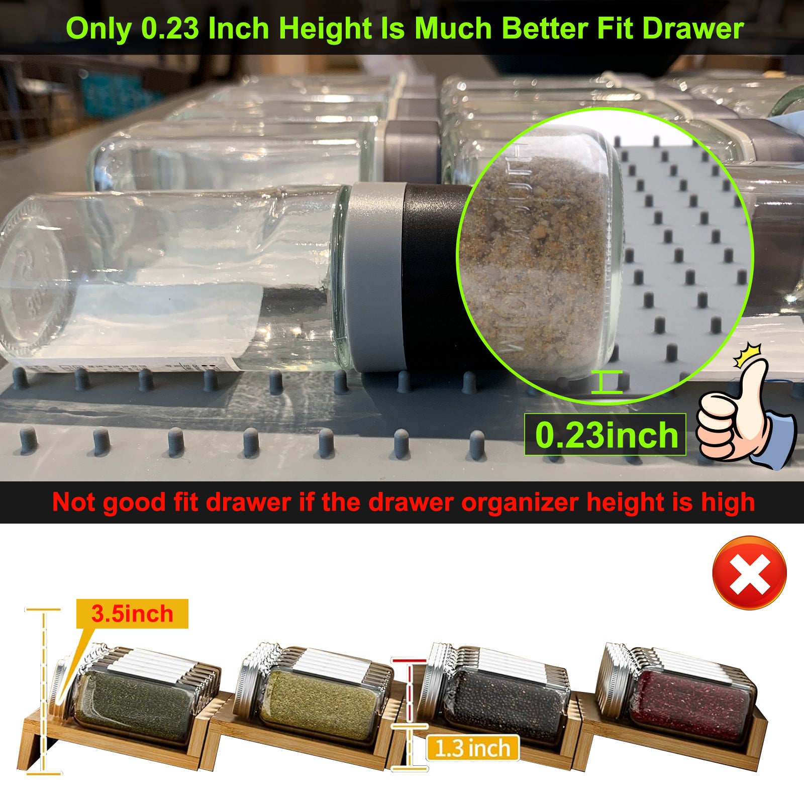 Adjustable Silicone Spice Drawer Organizer Liner – Non-Slip, Cut-to-Fit Spice Drawer Insert for Seasoning Jars & Bottles – Grey