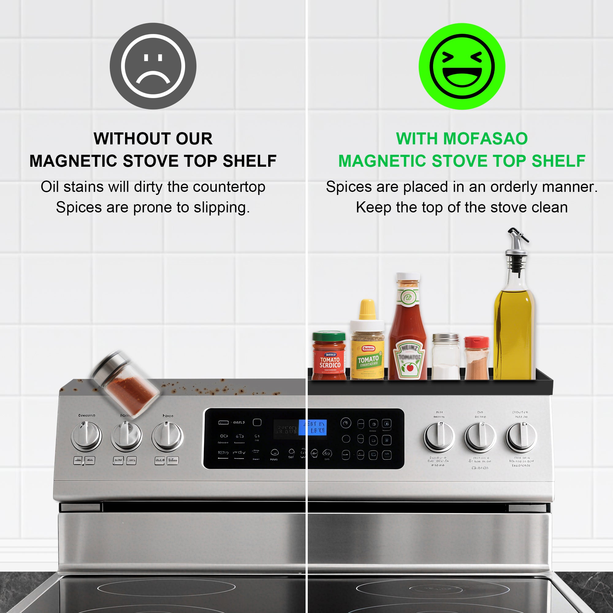Silicone Magnetic Stove Top Shelf 30 Inch – Heat-Resistant Over Stove Spice Rack Organizer with Non-Slip Design, Four-Side Baffle Kitchen Shelf for Back of Stove