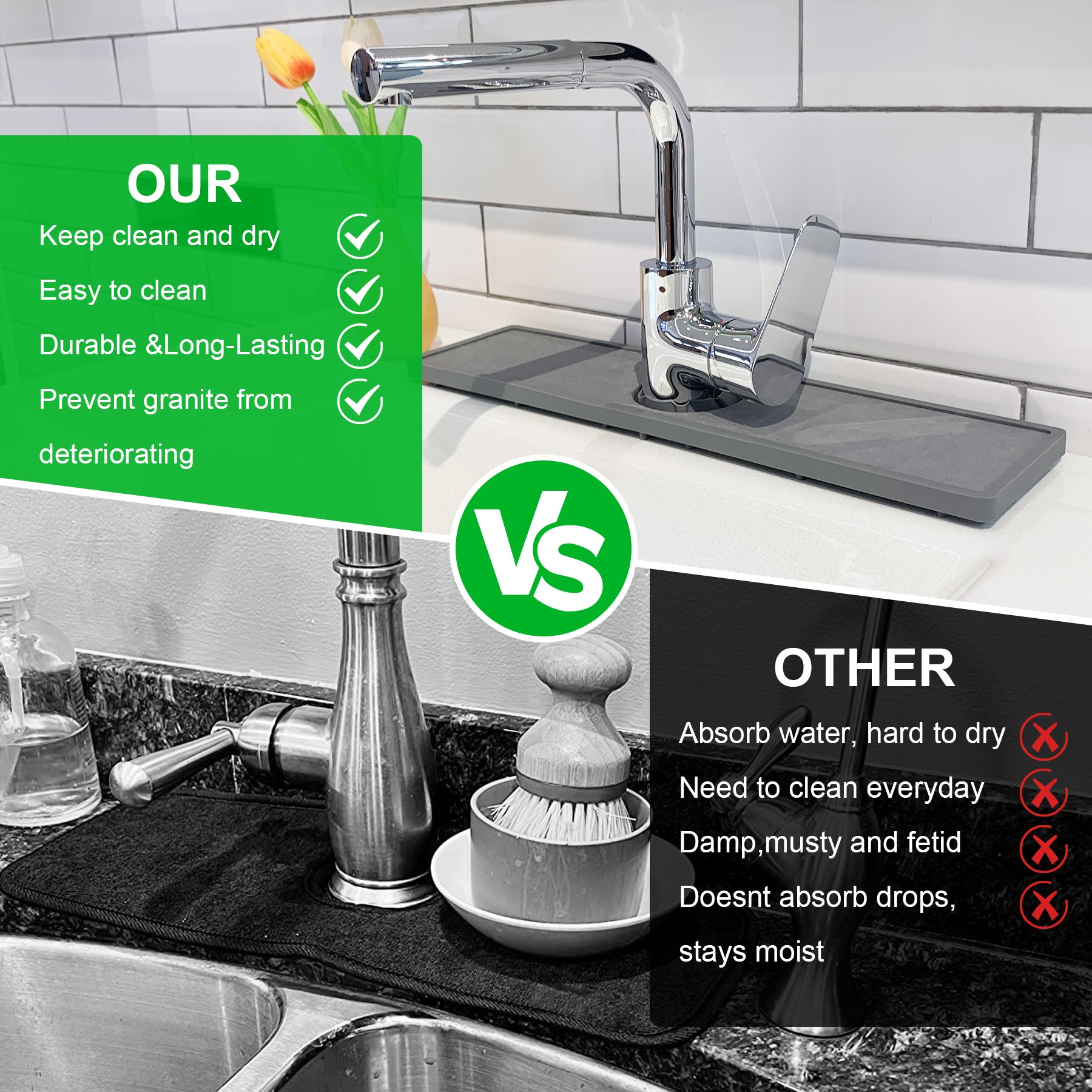 Faucet Mat – Silicone & Stone Absorbent Drying Mat, Water-Absorbing Sink Splash Guard Tray for Kitchen, Bathroom & Countertops