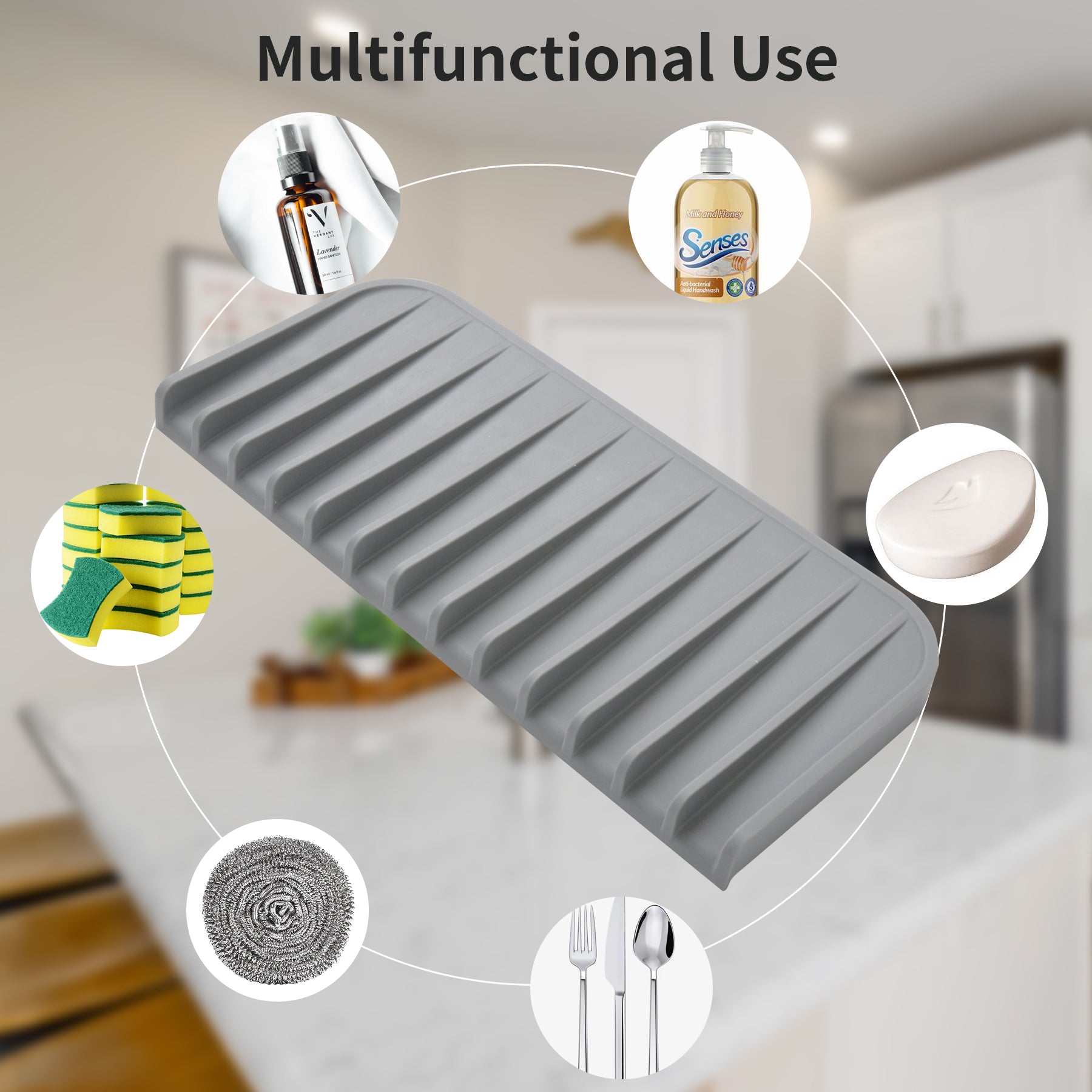 Silicone Sponge Holder Tray – 2 Pack Kitchen Sink Soap Dish & Counter Organizer, Waterproof Sink Caddy for Sponges, Brushes, Soap Dispenser & Bathroom Accessories (Gray)
