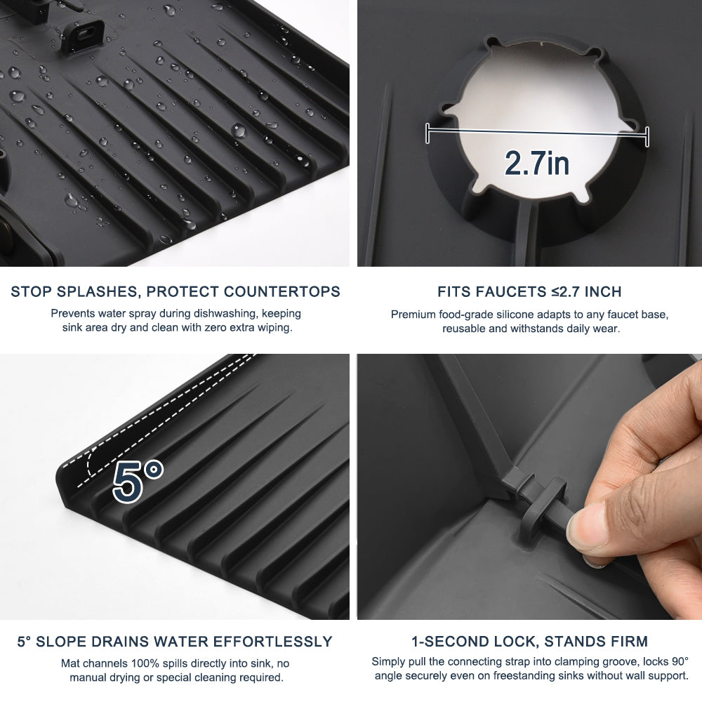 Upgraded Silicone Faucet Drip Catcher Tray – Sink Backsplash Guard Behind Faucet, 360° Wrap-Around Faucet Mat for Dish Soap, Sponge & Kitchen Counter Splash Protection