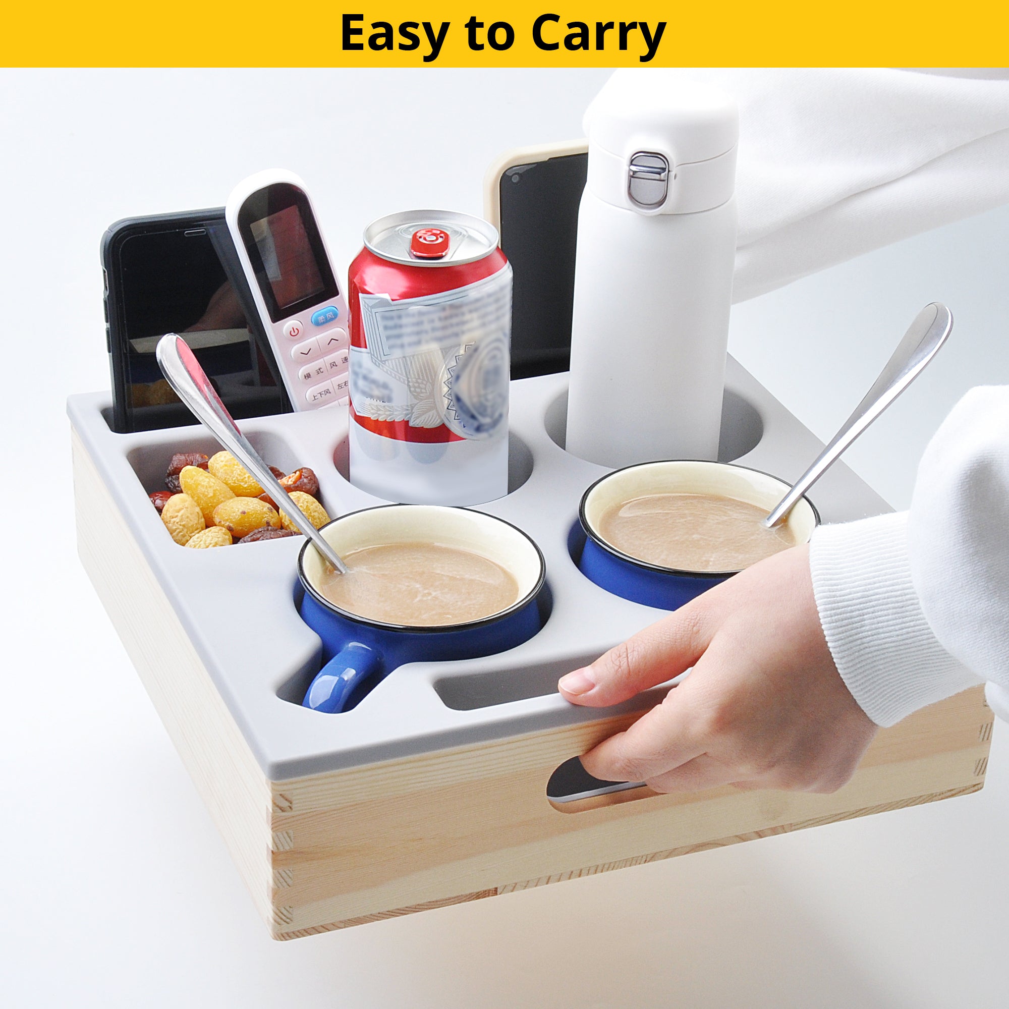 Couch Cup Holder Tray – Waterproof Anti-Spill Sofa Armrest Organizer, Food-Grade Silicone & Wooden Couch Caddy for Drinks, Snacks, Remote & Phone – Bed, Car, Beach, Camping Use