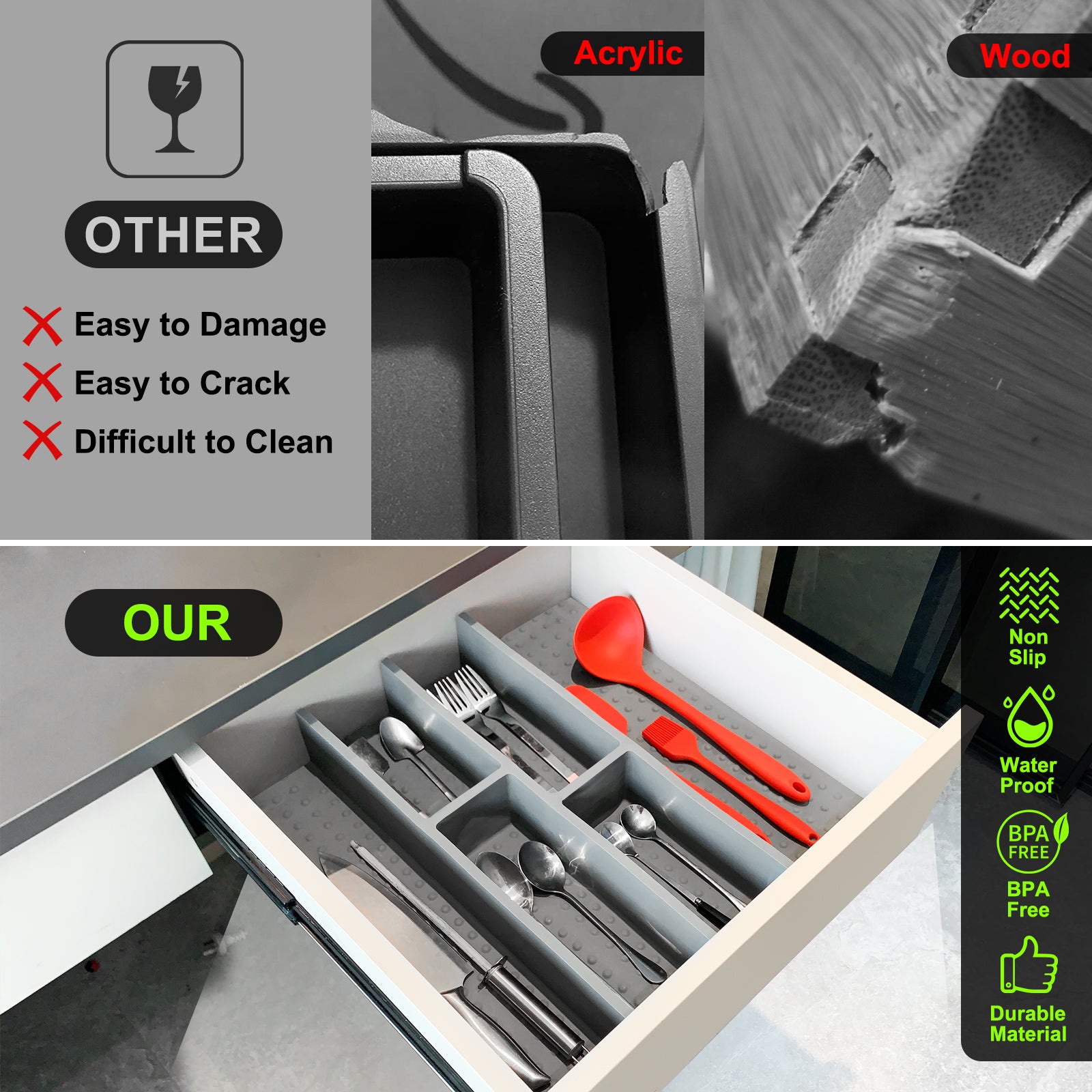 Premium Silicone Silverware Drawer Organizer – Non-Slip Utensil Holder & Adjustable Kitchen Drawer Divider, Deep Flatware Cutlery Tray for Spoons, Forks & Knives