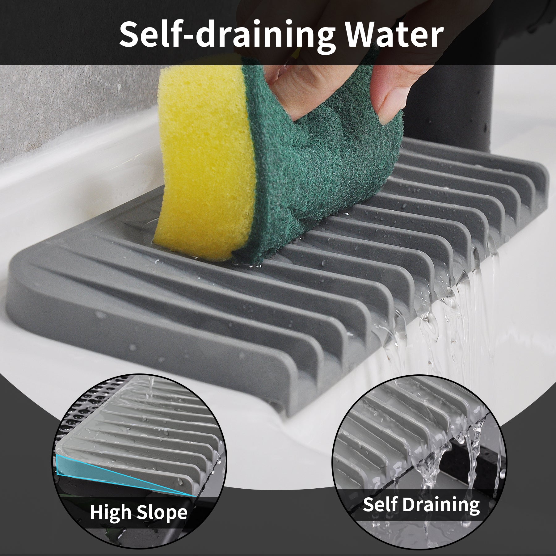 Silicone Sponge Holder Tray – 2 Pack Kitchen Sink Soap Dish & Counter Organizer, Waterproof Sink Caddy for Sponges, Brushes, Soap Dispenser & Bathroom Accessories (Gray)