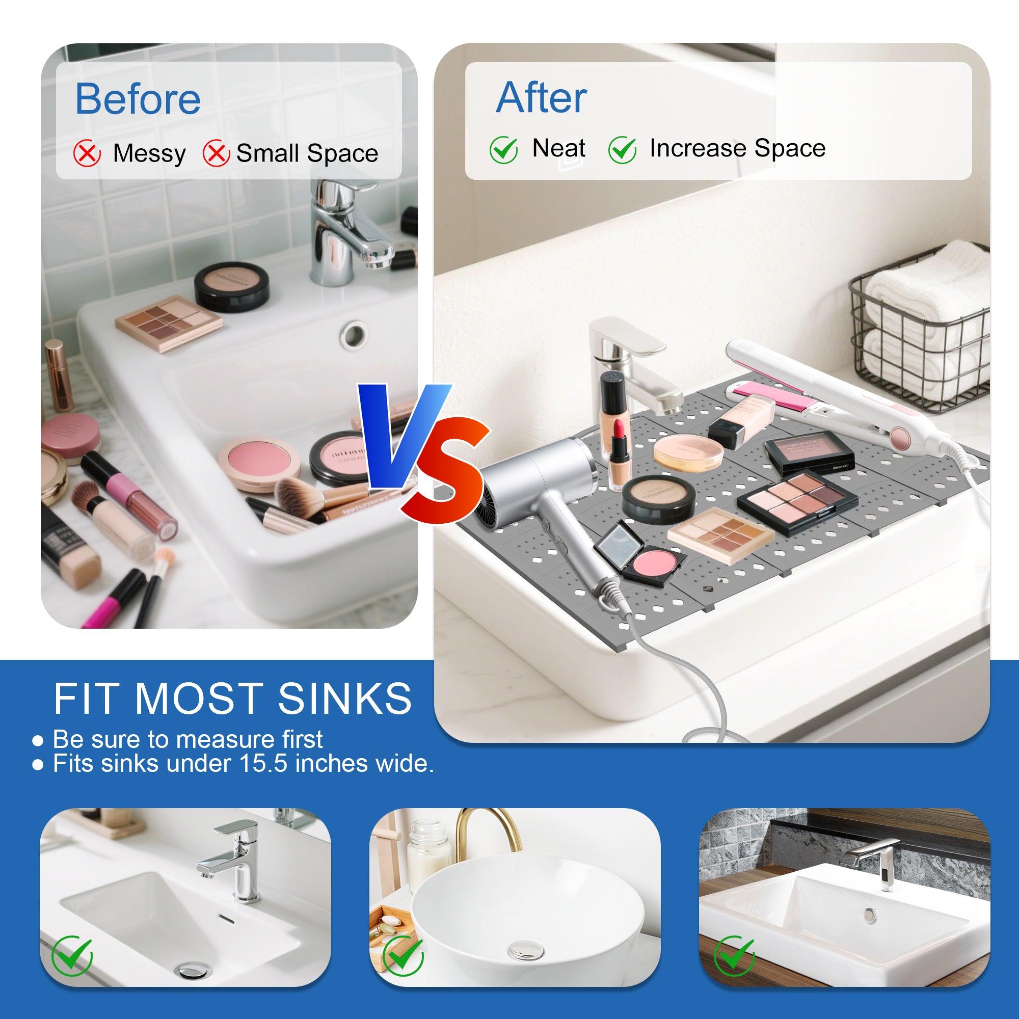 Bathroom Sink Cover Space Saver – Foldable Silicone Countertop Organizer Mat for Makeup & Small Bathroom Accessories, Heat-Resistant Over-Sink Tray for RV, Camper & Travel