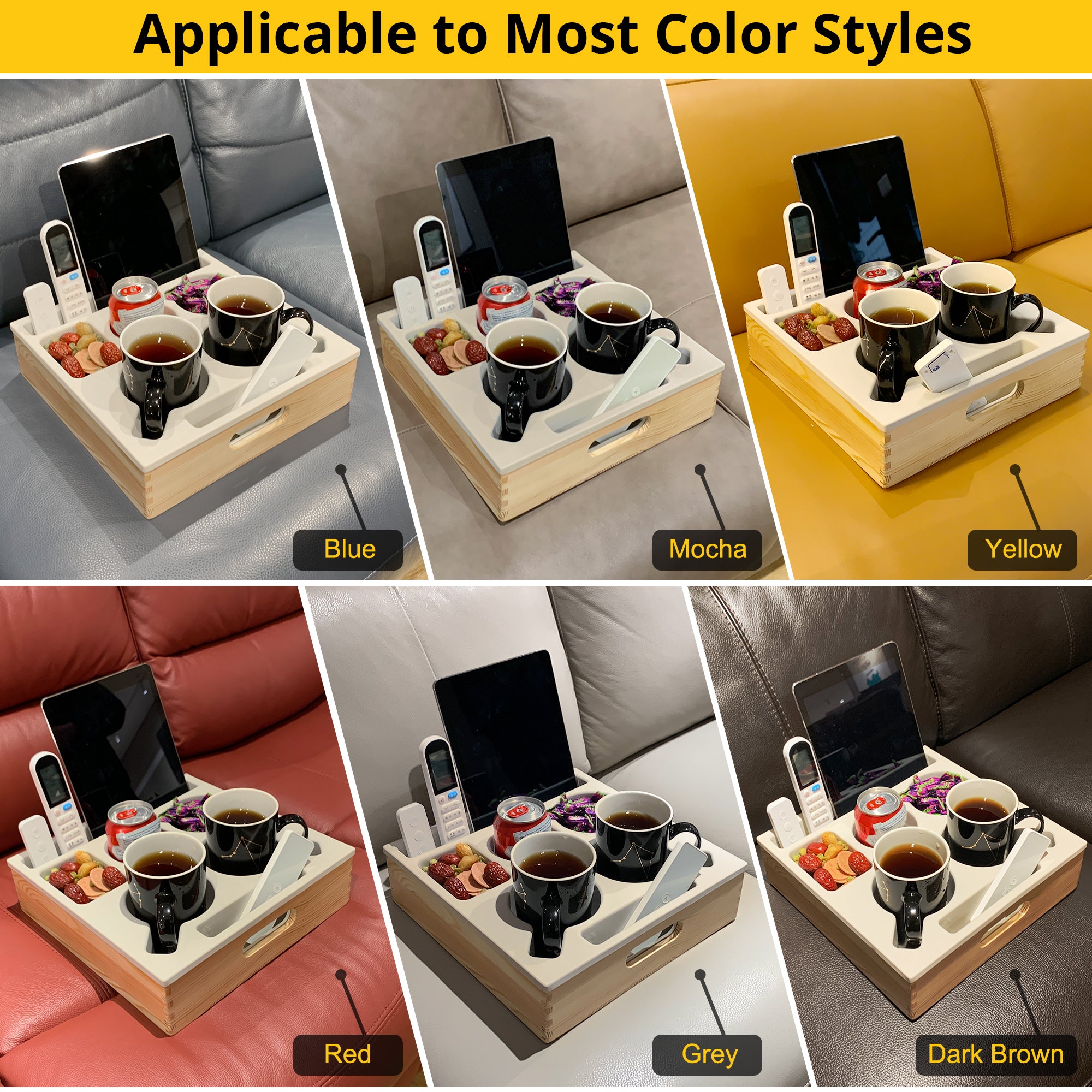Couch Cup Holder Tray – Waterproof Anti-Spill Sofa Armrest Organizer, Food-Grade Silicone & Wooden Couch Caddy for Drinks, Snacks, Remote & Phone – Bed, Car, Beach, Camping Use