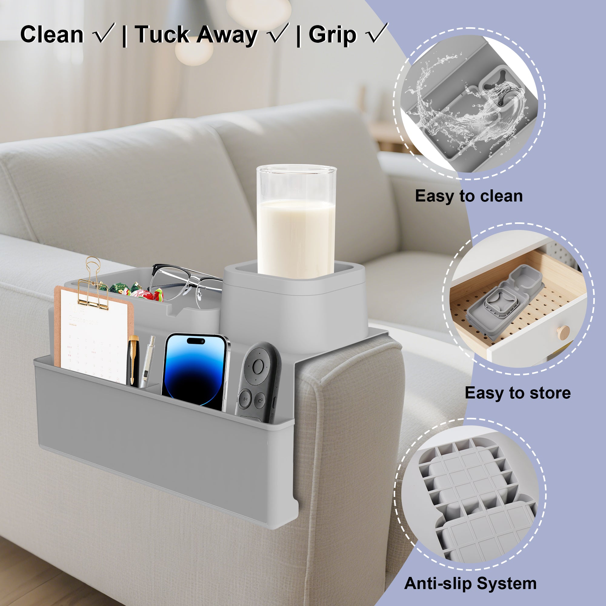 Couch Cup Holder Tray – Extra Large Silicone Sofa Armrest Organizer with Side Pockets, Anti-Slip Couch Caddy for Drinks, Phone, Remote & Snacks – Slate Gray, Dad Gifts