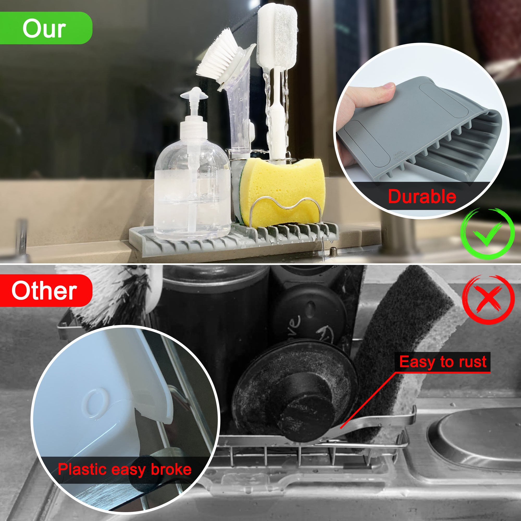 Silicone Sponge Holder Sink Caddy – Self-Draining Kitchen Sink Organizer for Sponges, Brushes, Soap & Dish Accessories, Durable Silicone & Stainless Steel Rack