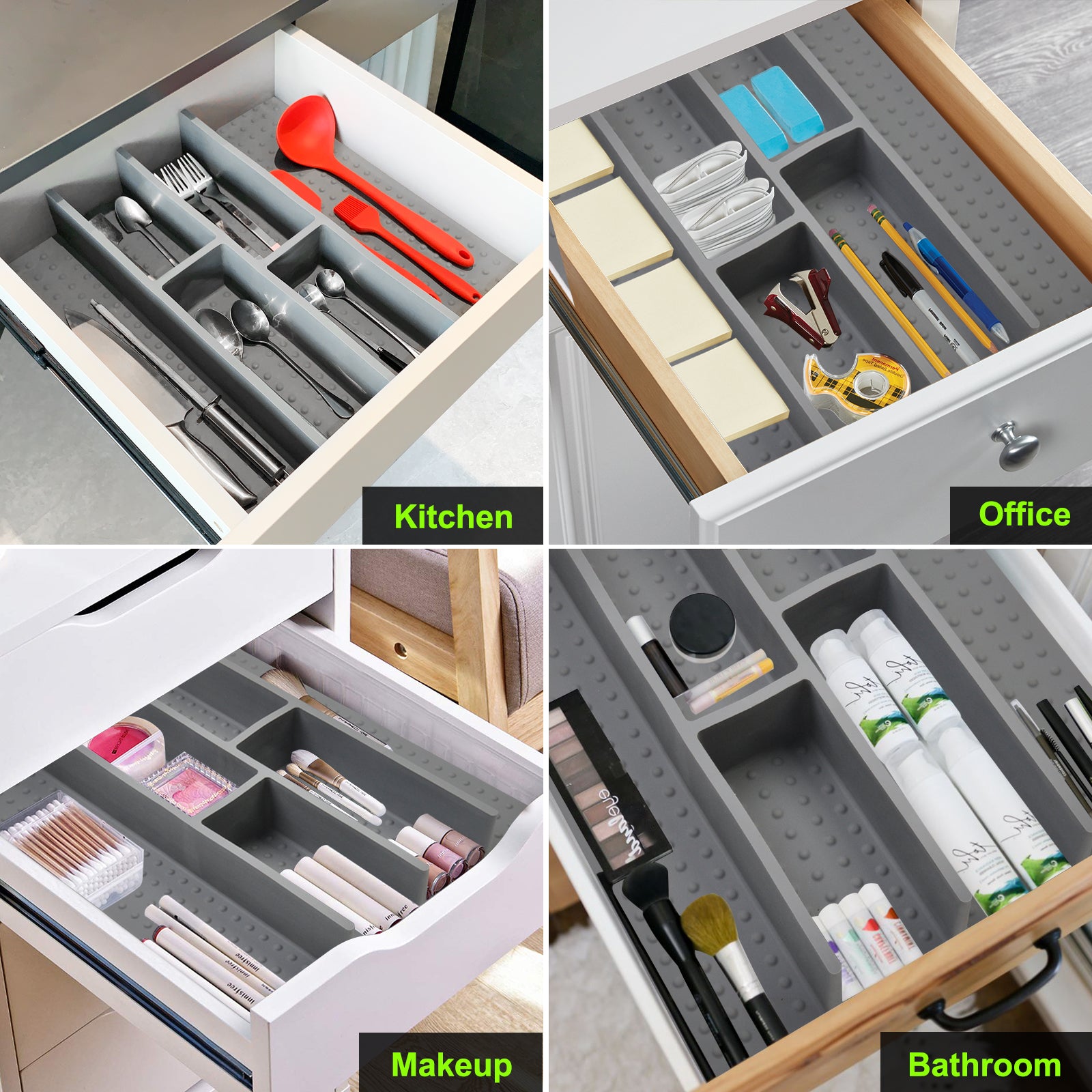 Premium Silicone Silverware Drawer Organizer – Non-Slip Utensil Holder & Adjustable Kitchen Drawer Divider, Deep Flatware Cutlery Tray for Spoons, Forks & Knives