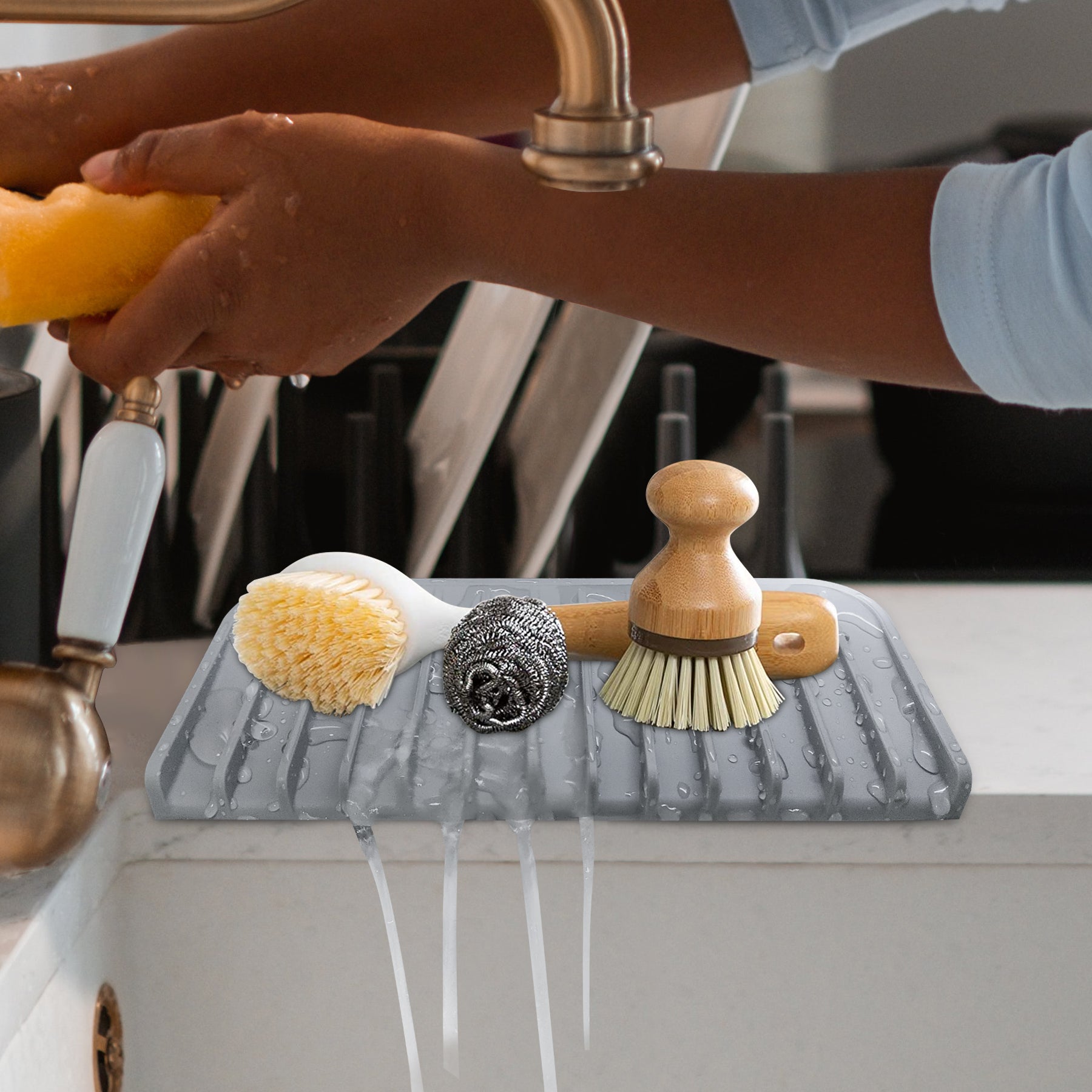 Silicone Sponge Holder Tray – 2 Pack Kitchen Sink Soap Dish & Counter Organizer, Waterproof Sink Caddy for Sponges, Brushes, Soap Dispenser & Bathroom Accessories (Gray)
