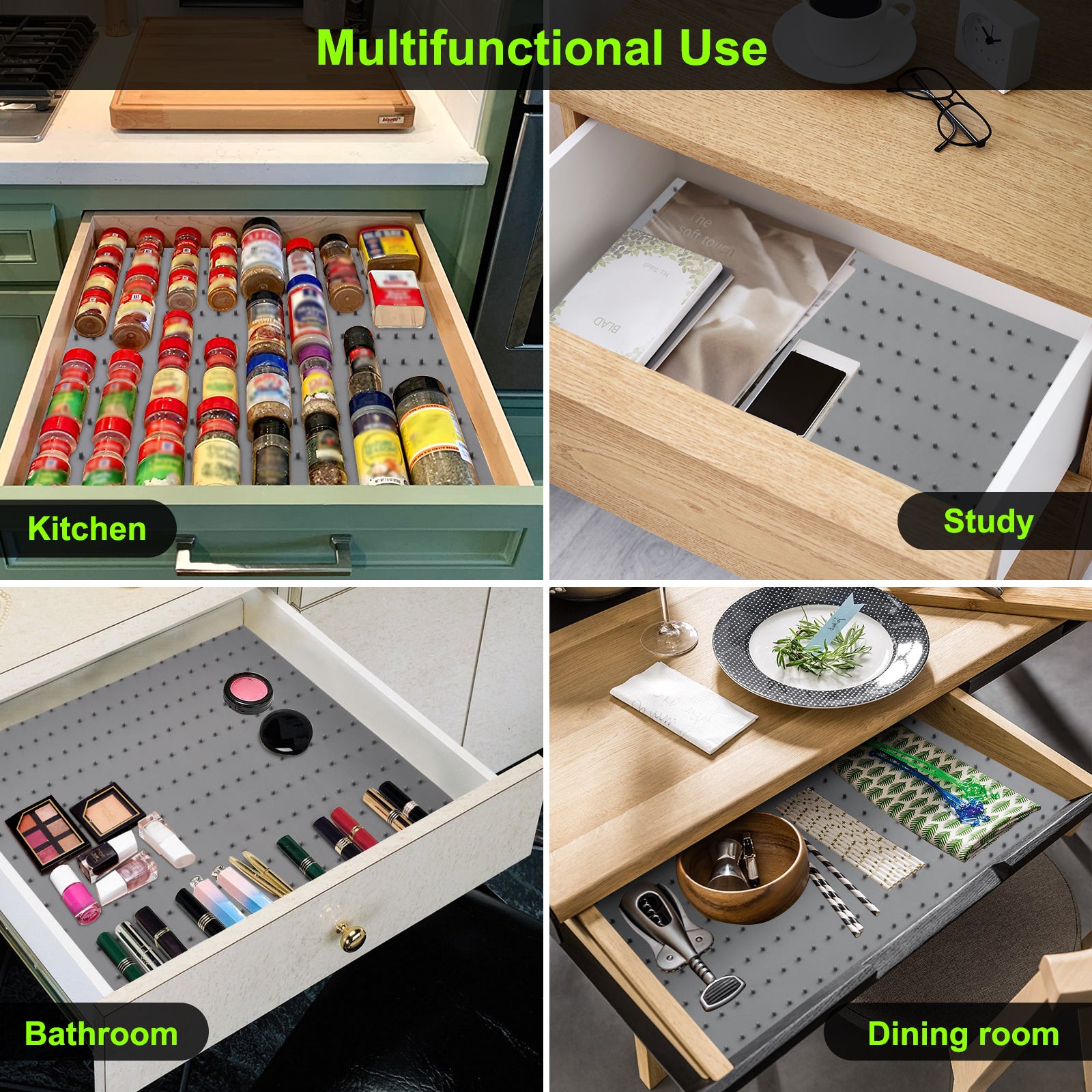 Adjustable Silicone Spice Drawer Organizer Liner – Non-Slip, Cut-to-Fit Spice Drawer Insert for Seasoning Jars & Bottles – Grey