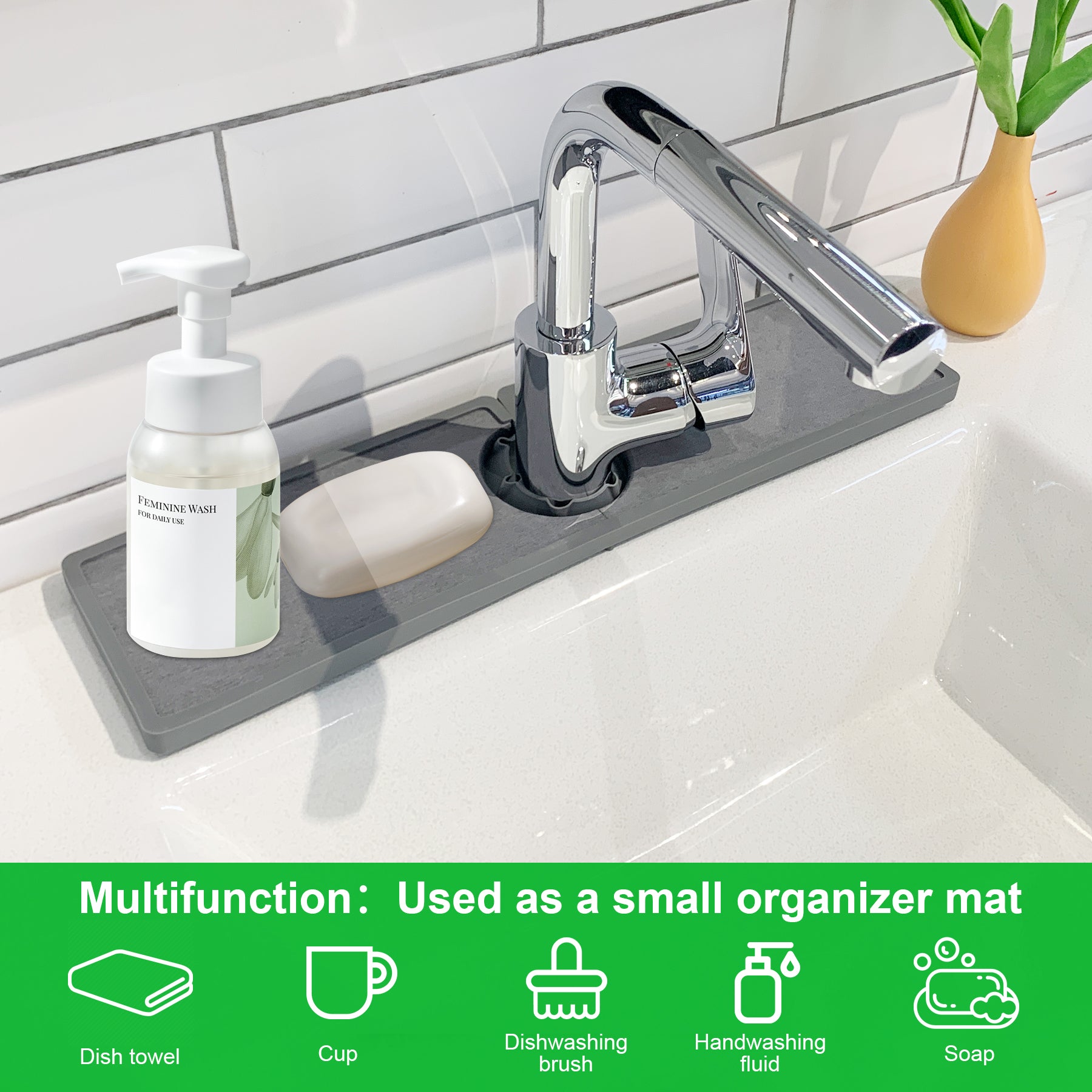 Faucet Mat – Silicone & Stone Absorbent Drying Mat, Water-Absorbing Sink Splash Guard Tray for Kitchen, Bathroom & Countertops